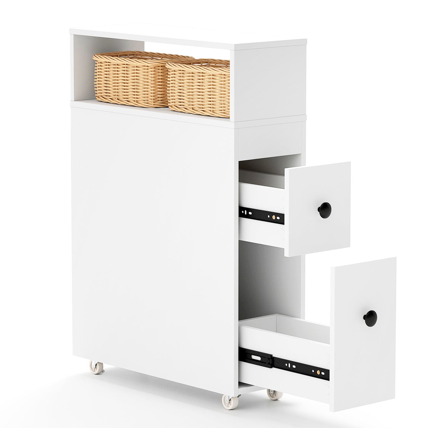 Slim White Bathroom Storage Cabinet with Slide Out Drawers & Rolling Wheels