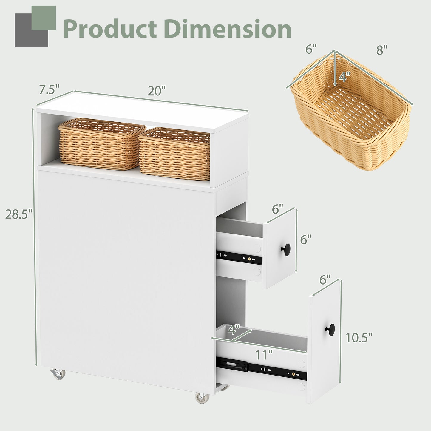 Slim White Bathroom Storage Cabinet with Slide Out Drawers & Rolling Wheels