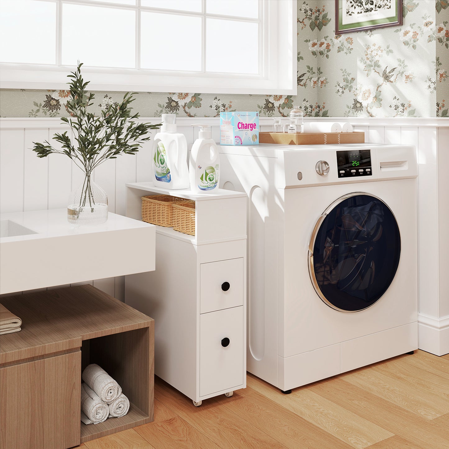 Slim White Bathroom Storage Cabinet with Slide Out Drawers & Rolling Wheels