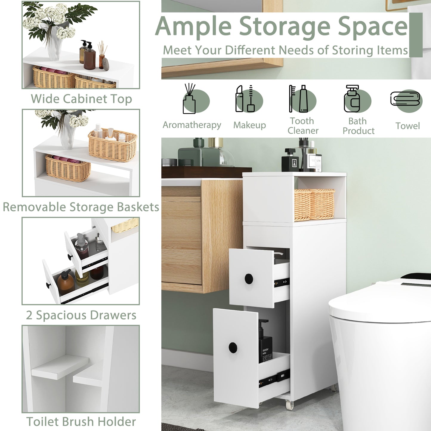 Slim White Bathroom Storage Cabinet with Slide Out Drawers & Rolling Wheels