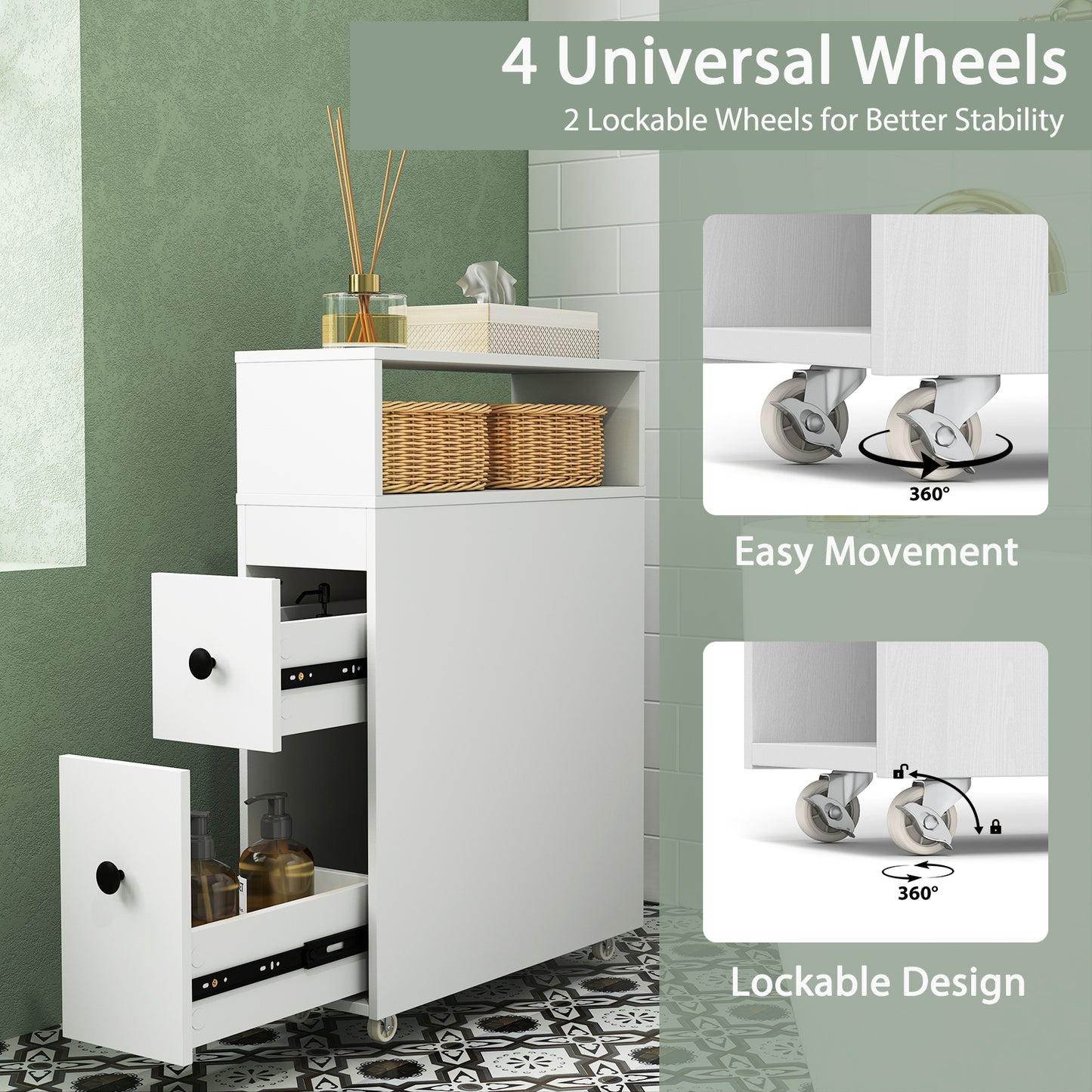 Slim White Bathroom Storage Cabinet with Slide Out Drawers & Rolling Wheels