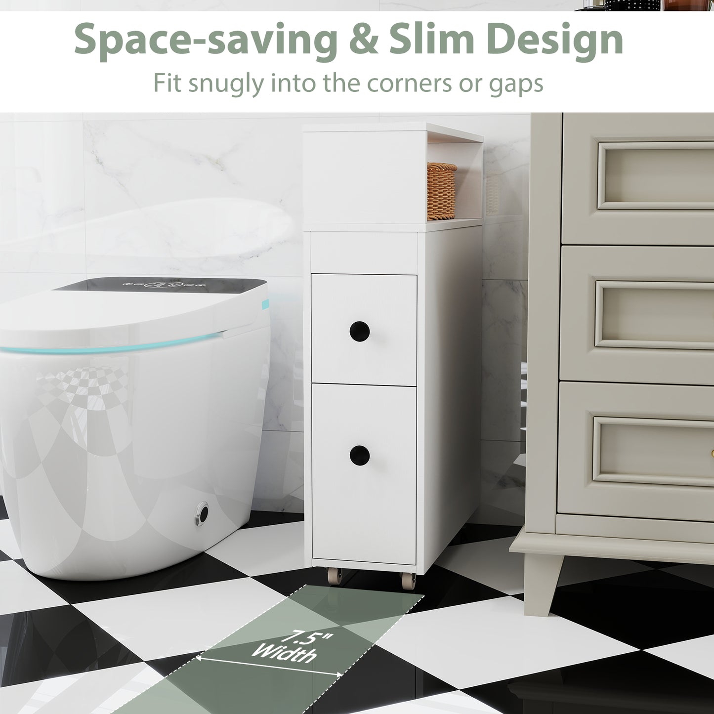 Slim White Bathroom Storage Cabinet with Slide Out Drawers & Rolling Wheels