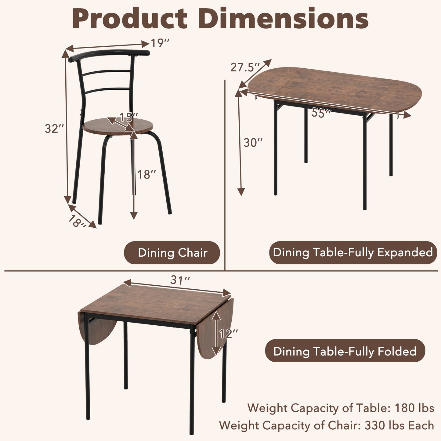 3 Piece Drop Leaf Dining Table Set with 2 Chairs for Small Kitchen or Apartment