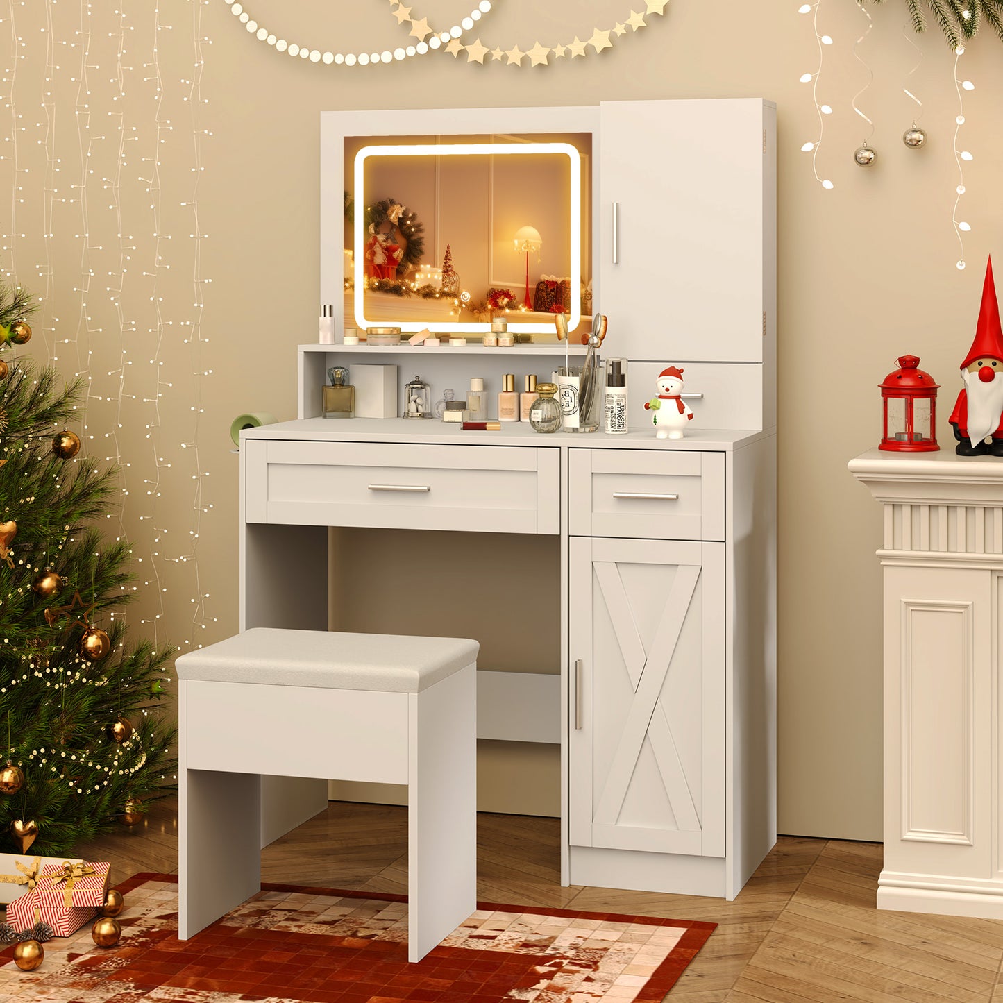 LED Lighted Vanity Desk with Mirror, Stool & Storage Drawers