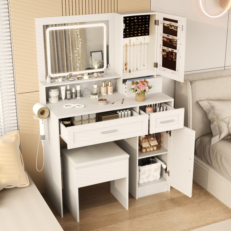 LED Lighted Vanity Desk with Mirror, Stool & Storage Drawers