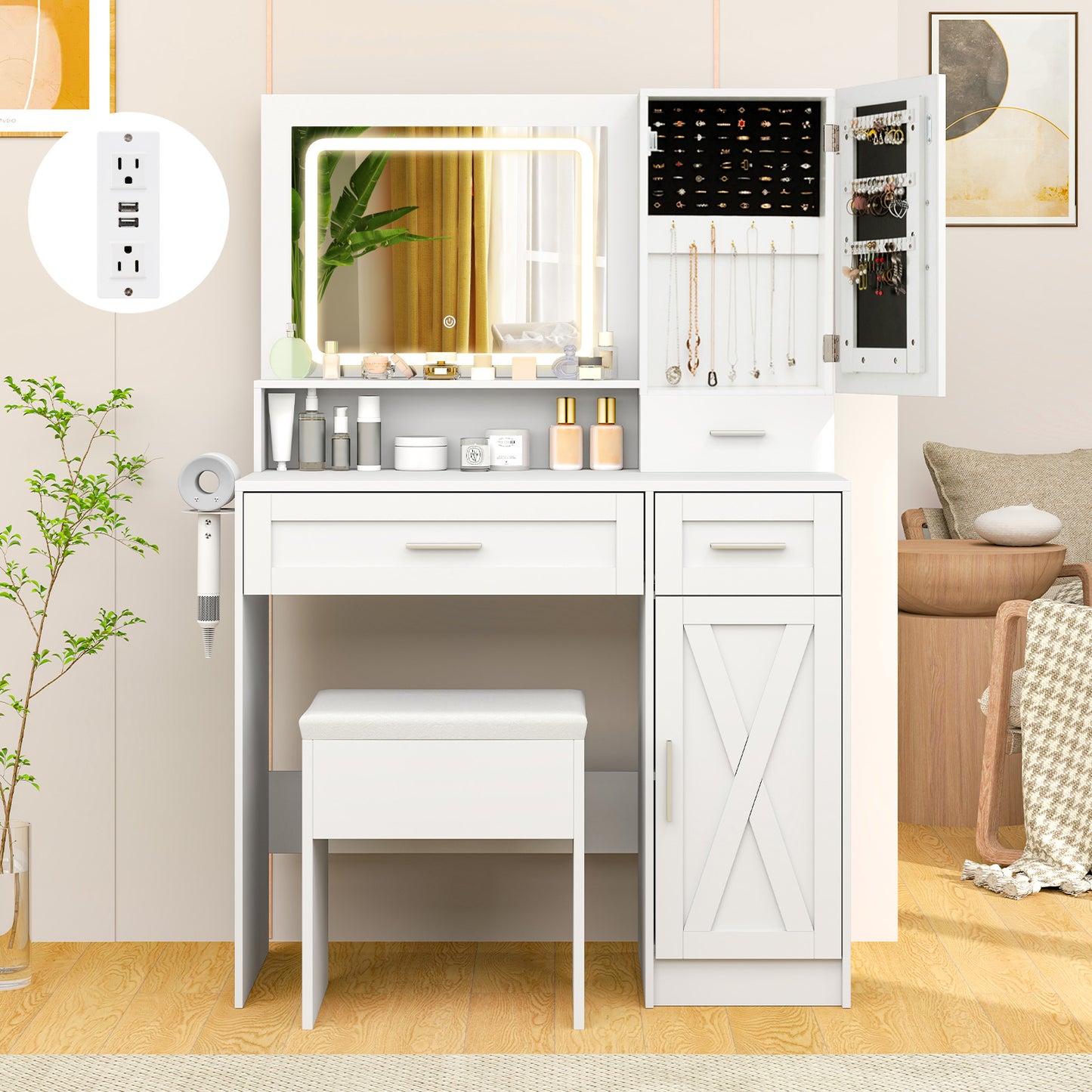 LED Lighted Vanity Desk with Mirror, Stool & Storage Drawers