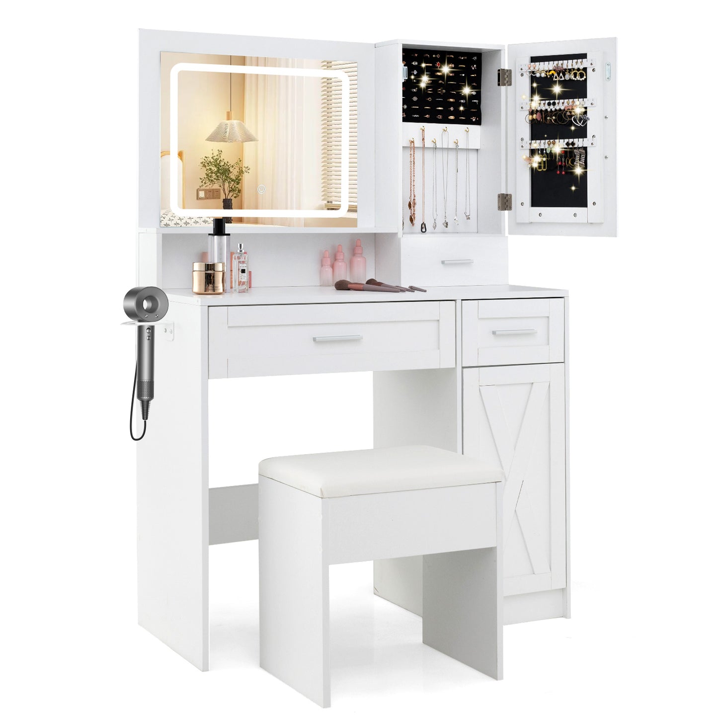 LED Lighted Vanity Desk with Mirror, Stool & Storage Drawers