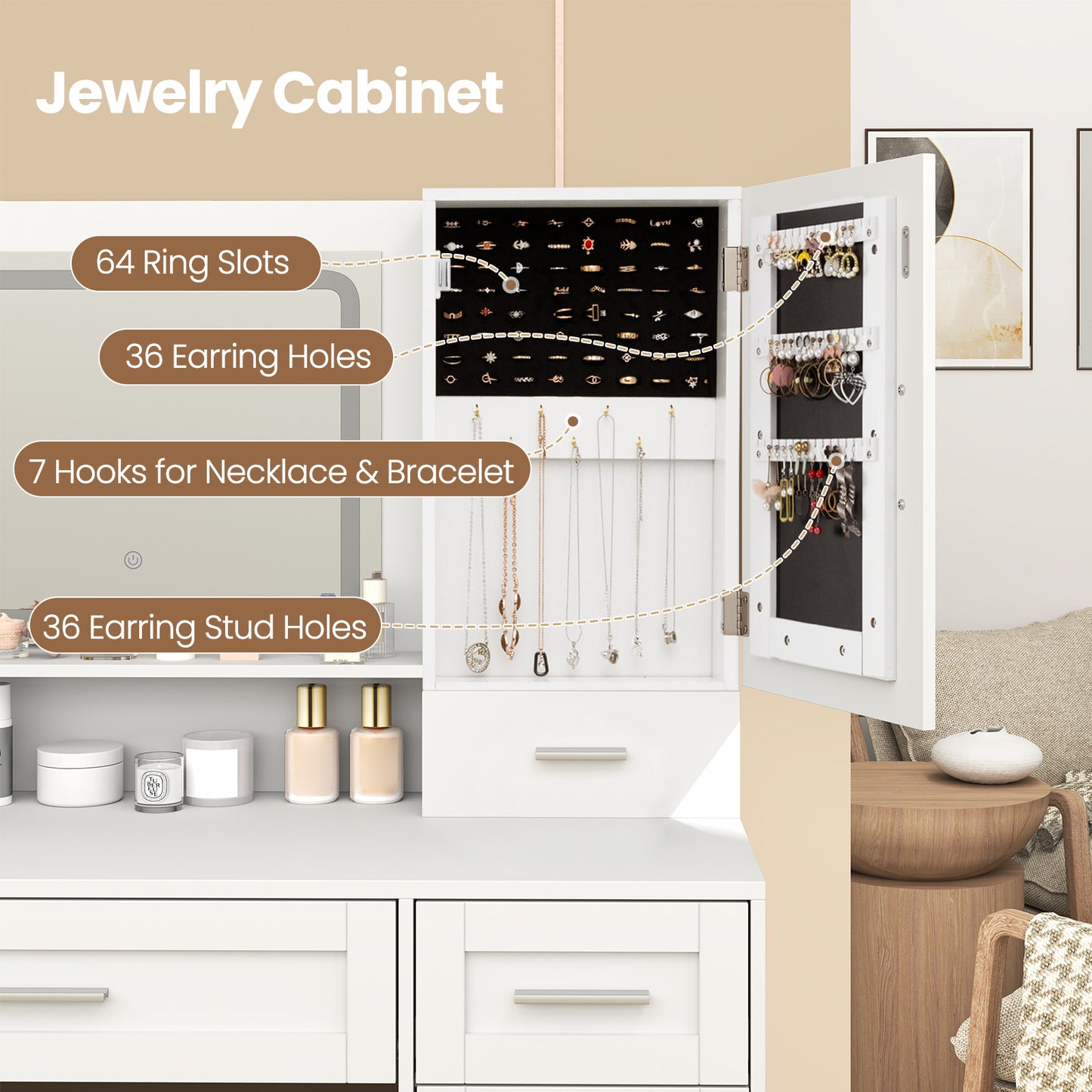 LED Lighted Vanity Desk with Mirror, Stool & Storage Drawers