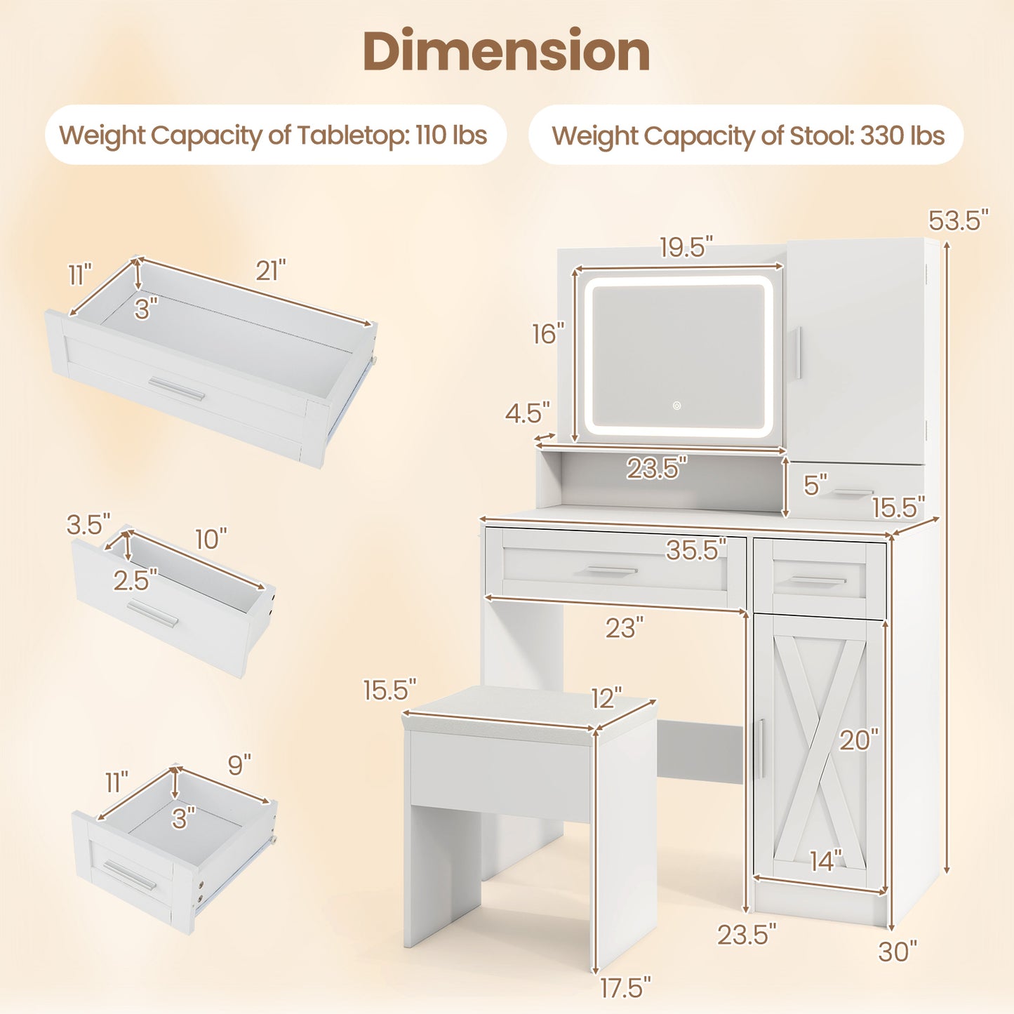 LED Lighted Vanity Desk with Mirror, Stool & Storage Drawers
