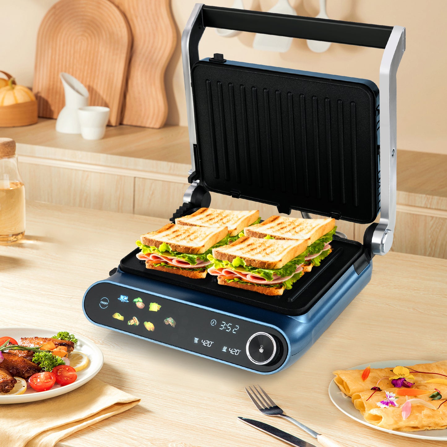 1200W Panini Press Grill with 7 Grilling Modes & LED Display