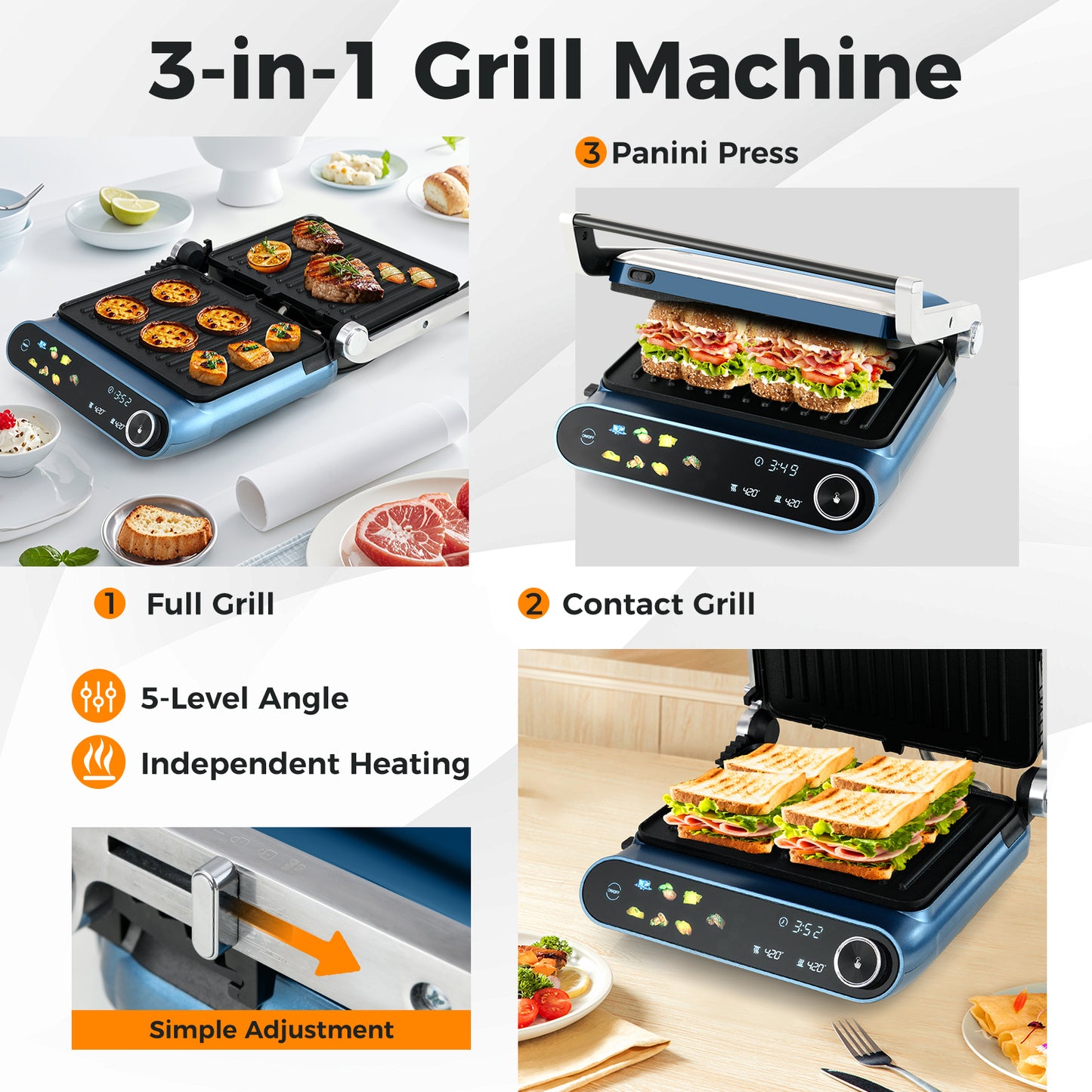 1200W Panini Press Grill with 7 Grilling Modes & LED Display