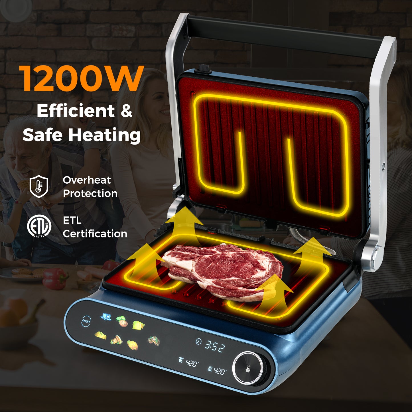 1200W Panini Press Grill with 7 Grilling Modes & LED Display