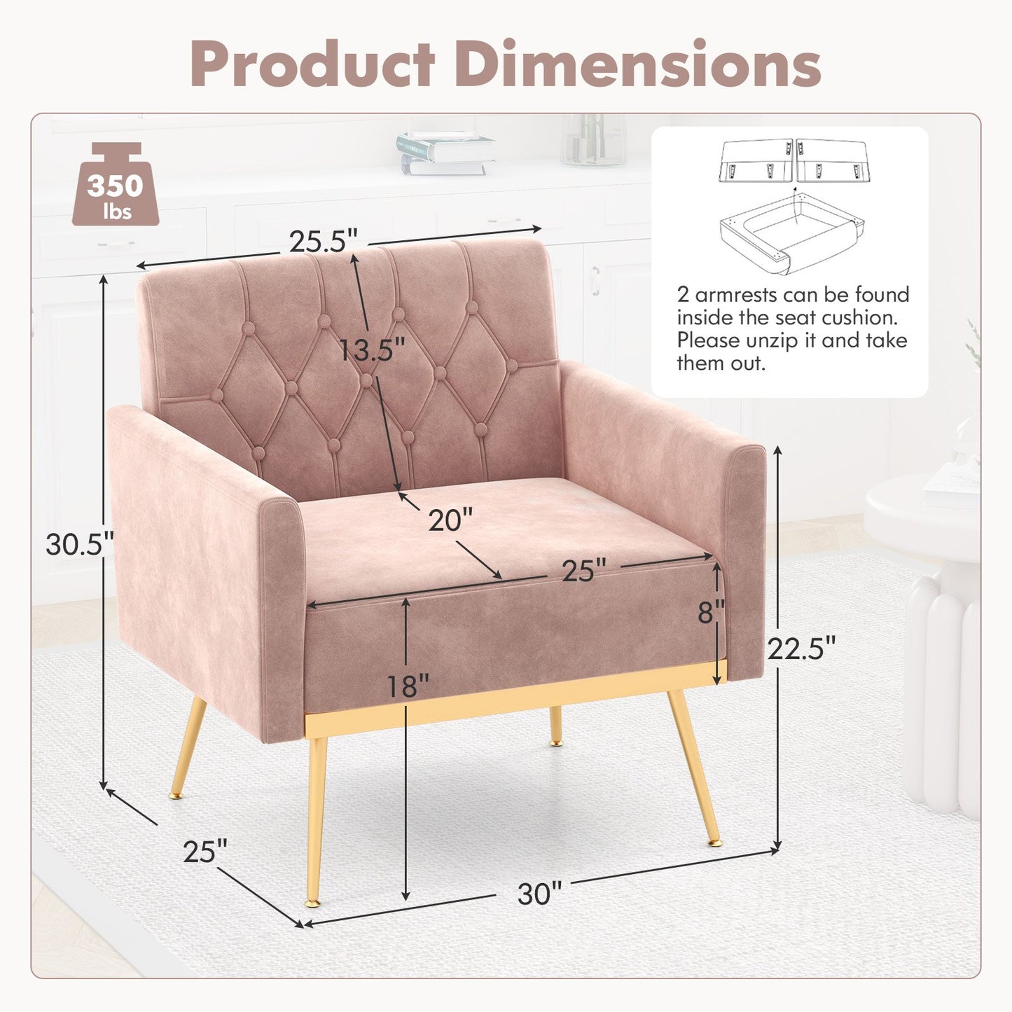 Elegant Velvet Accent Chair with Tufted Back and Gold Metal Legs, Pink
