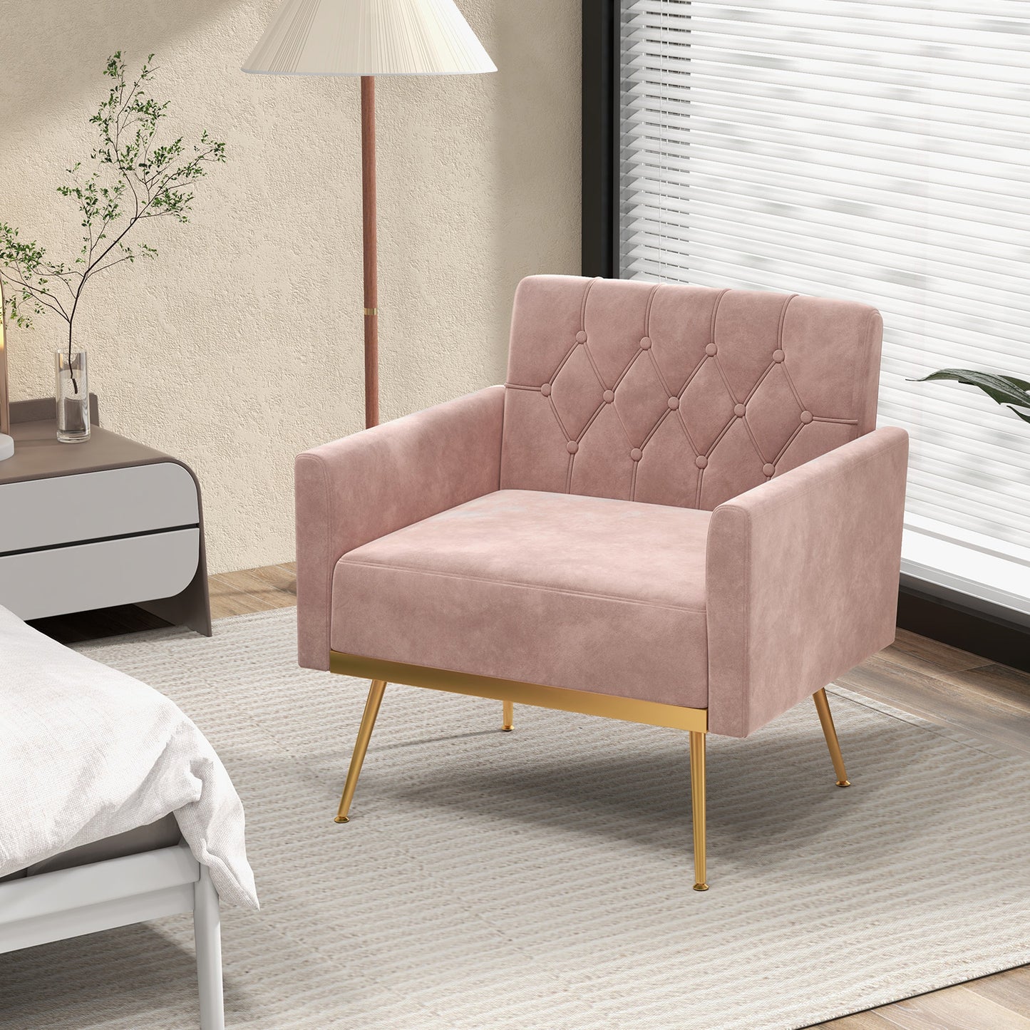Elegant Velvet Accent Chair with Tufted Back and Gold Metal Legs, Pink