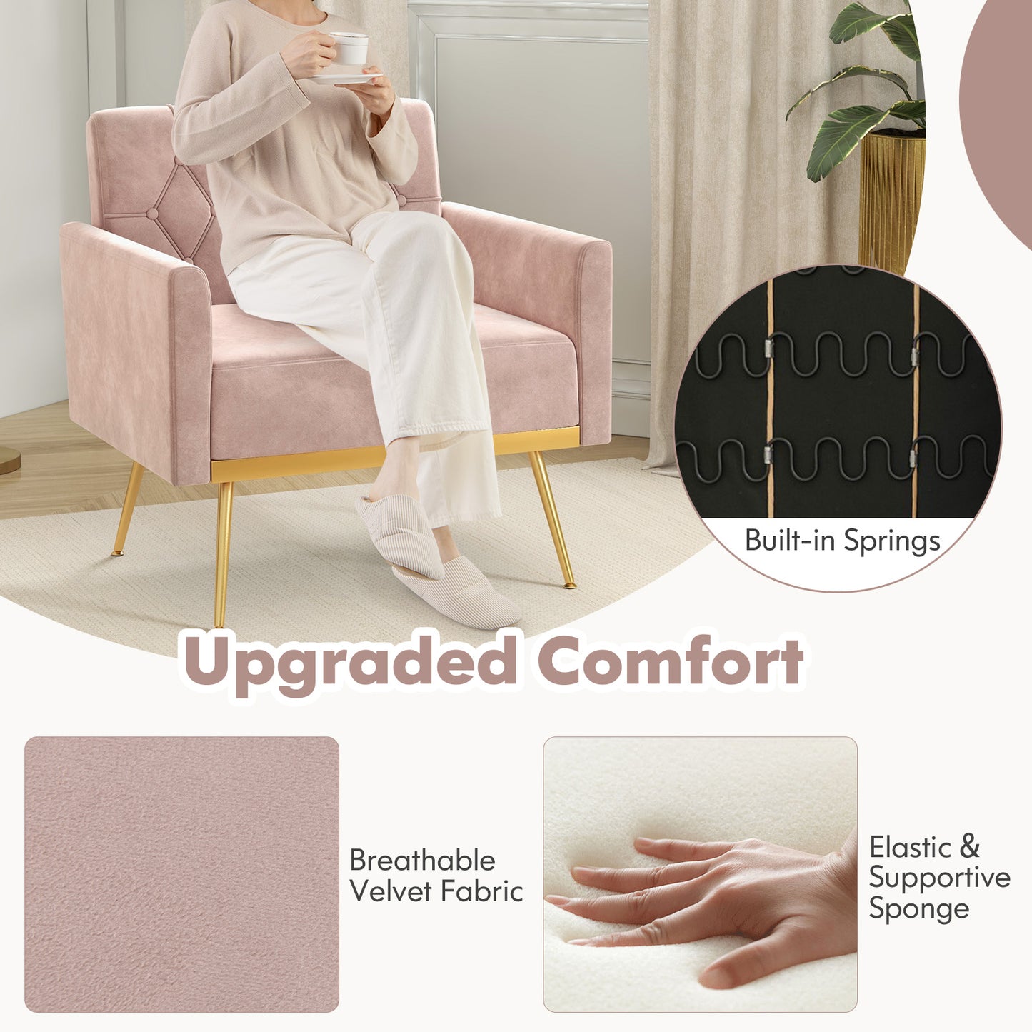 Elegant Velvet Accent Chair with Tufted Back and Gold Metal Legs, Pink