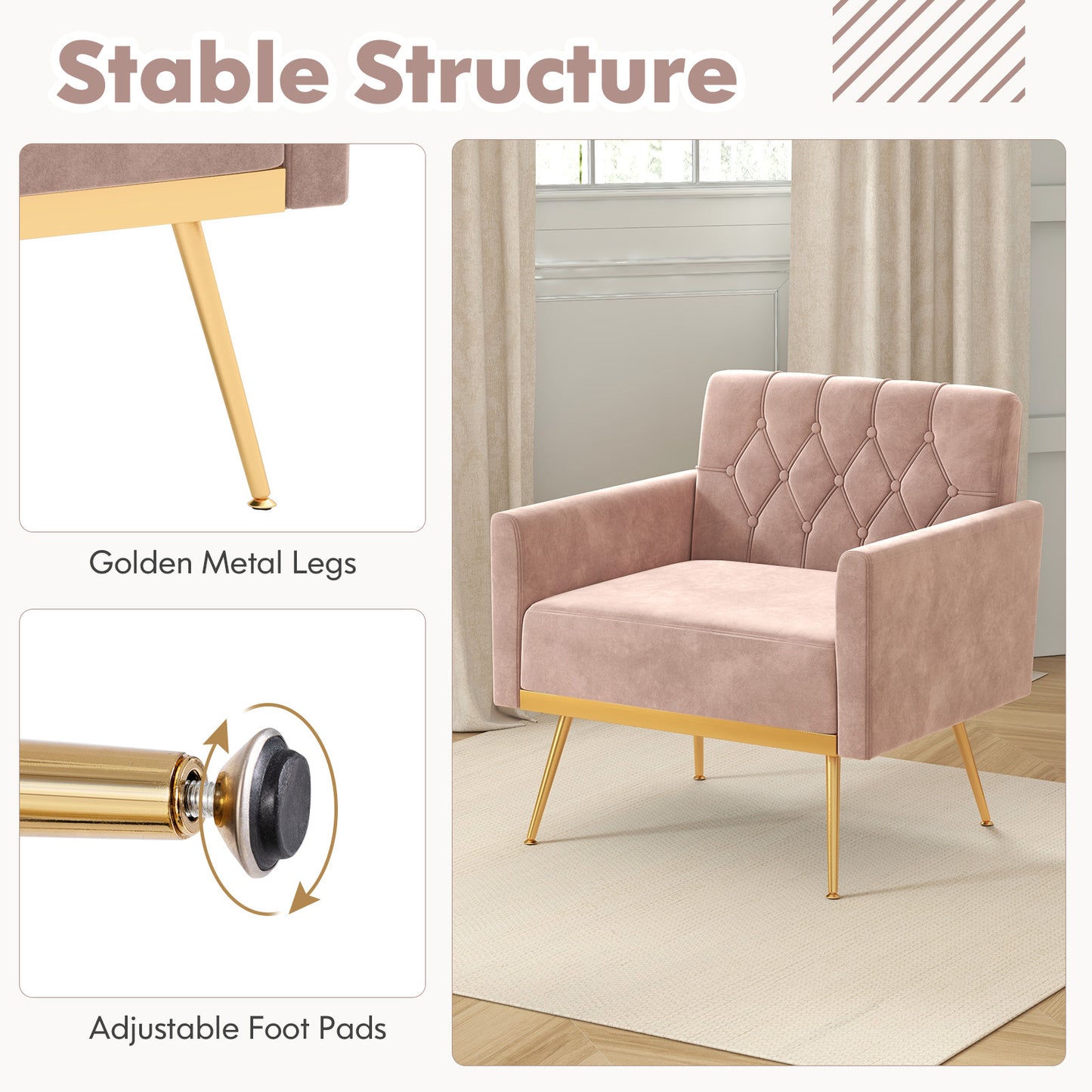 Elegant Velvet Accent Chair with Tufted Back and Gold Metal Legs, Pink