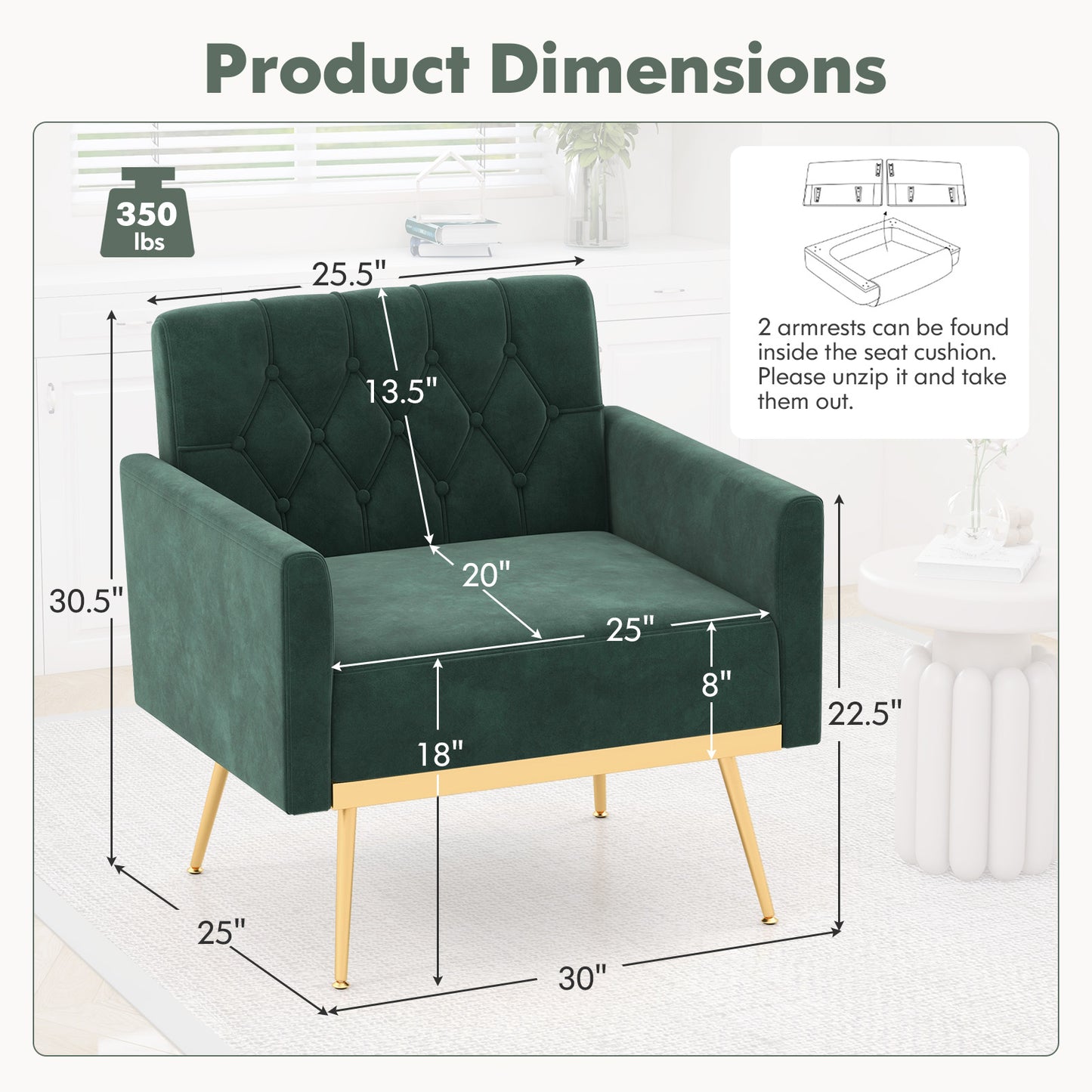 Elegant Velvet Accent Chair with Tufted Back and Gold Metal Legs, Dark Green