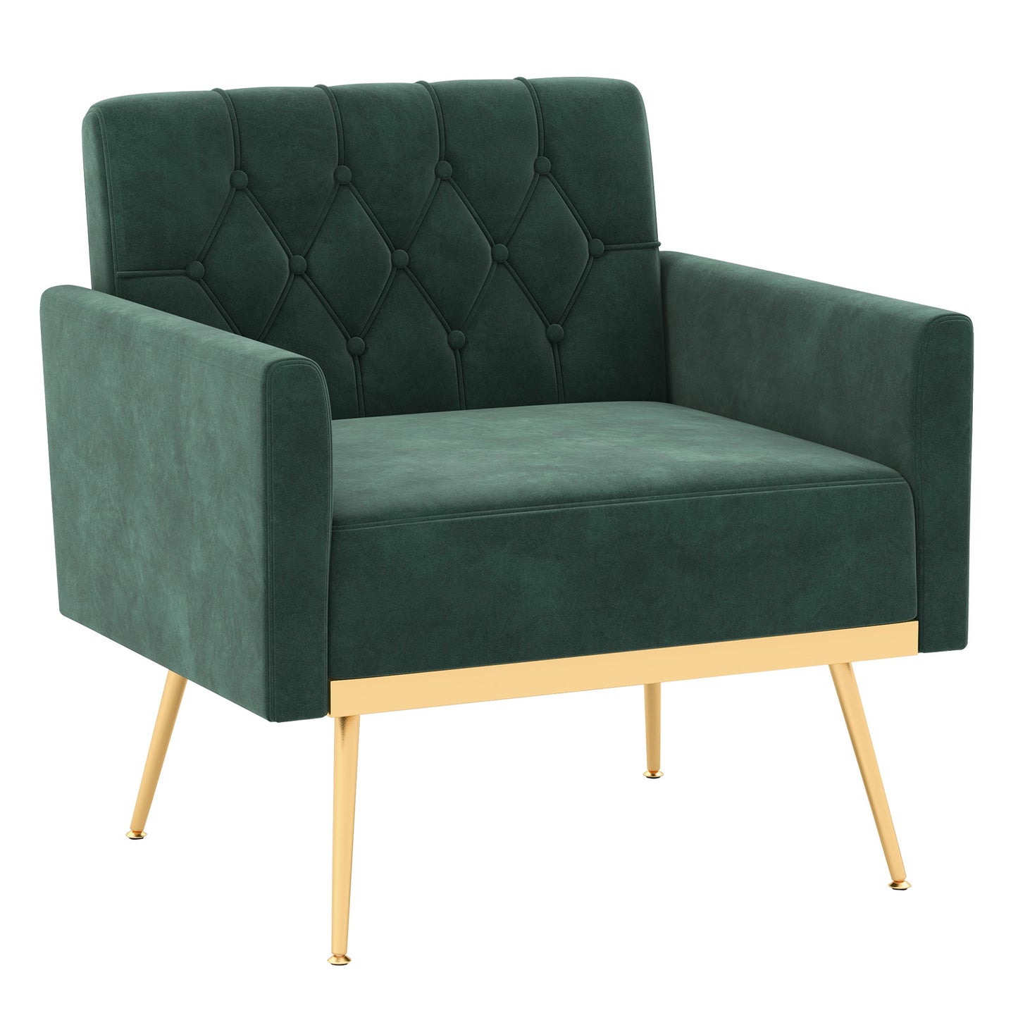 Elegant Velvet Accent Chair with Tufted Back and Gold Metal Legs, Dark Green
