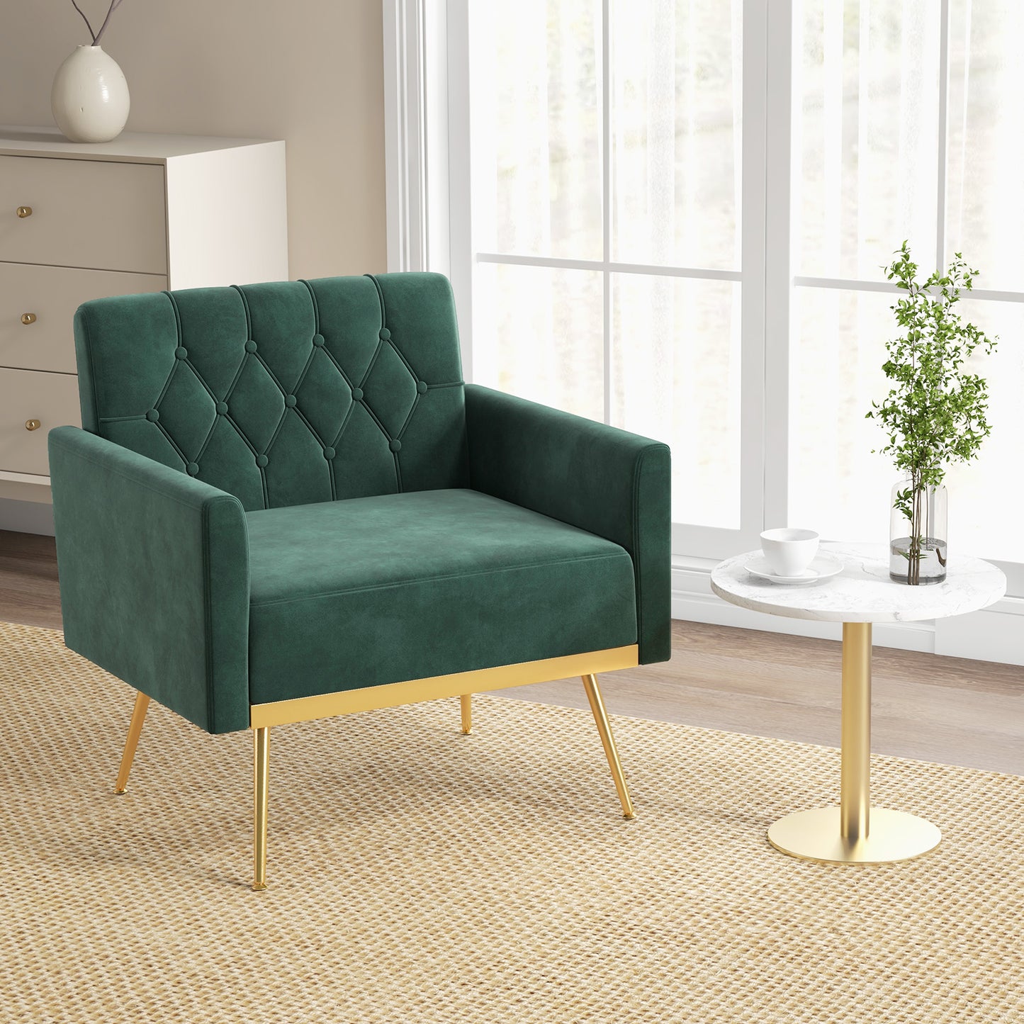 Elegant Velvet Accent Chair with Tufted Back and Gold Metal Legs, Dark Green
