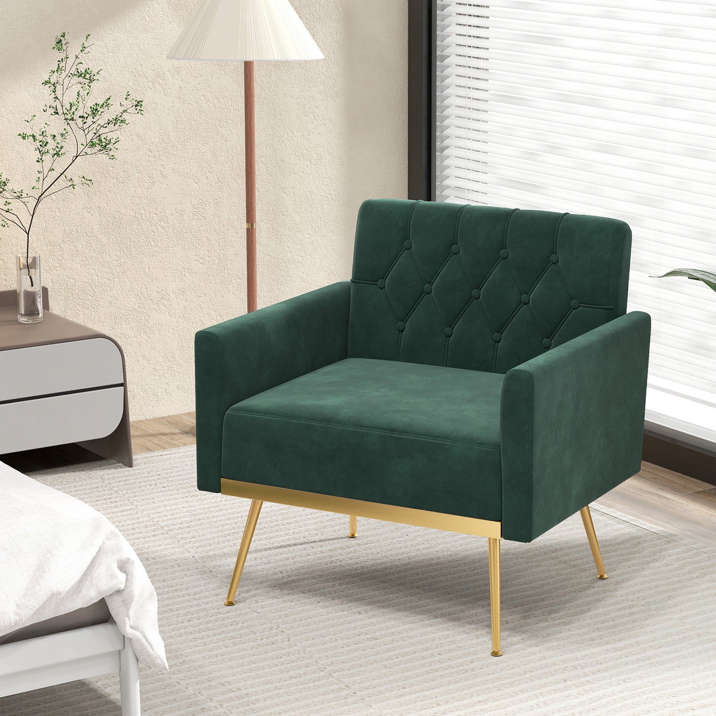 Elegant Velvet Accent Chair with Tufted Back and Gold Metal Legs, Dark Green