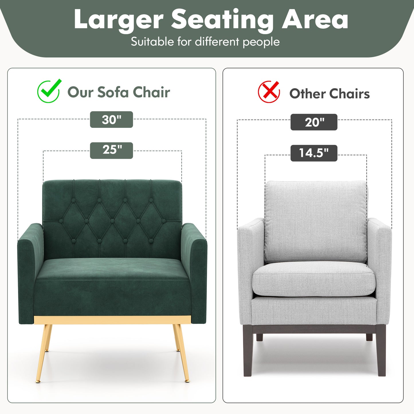 Elegant Velvet Accent Chair with Tufted Back and Gold Metal Legs, Dark Green