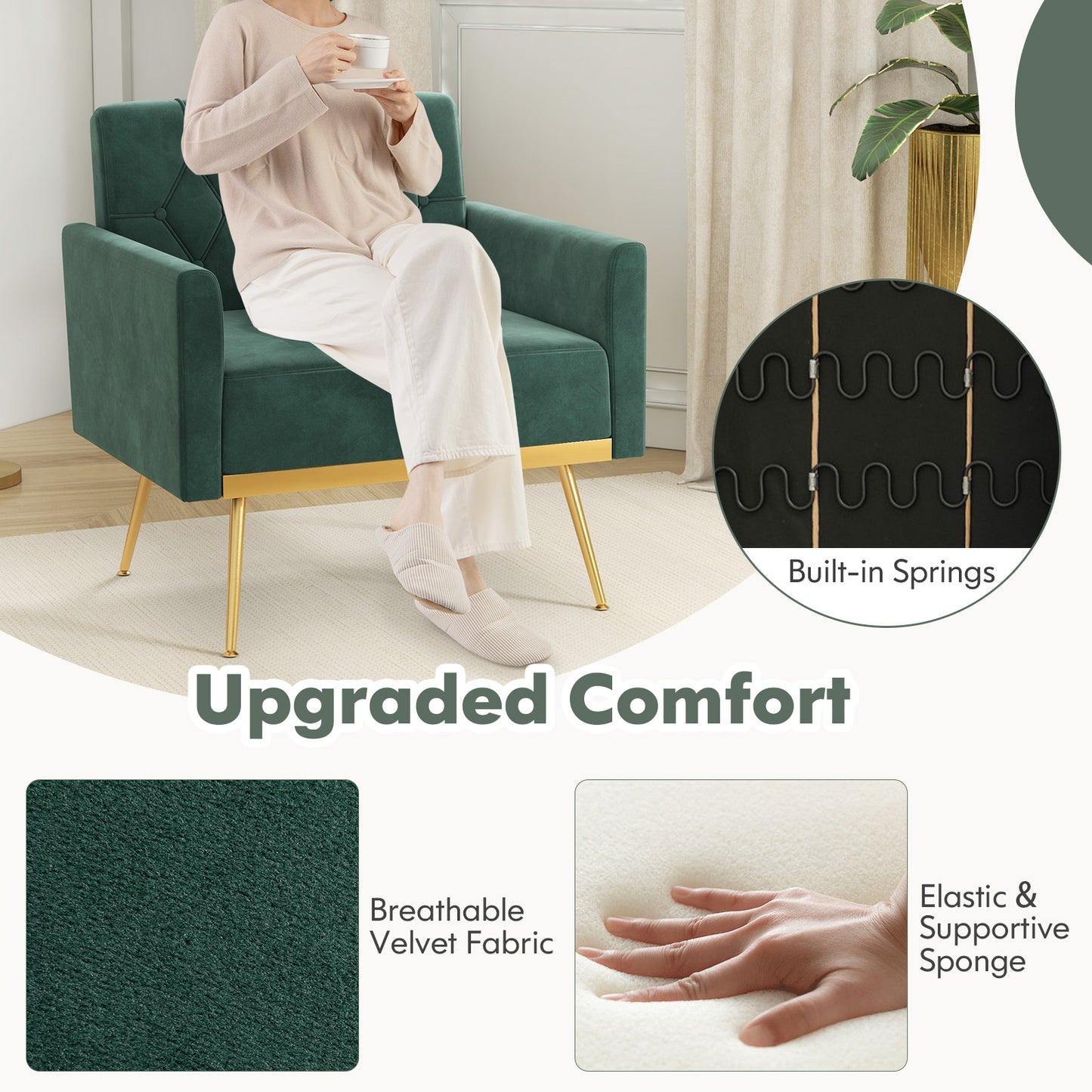 Elegant Velvet Accent Chair with Tufted Back and Gold Metal Legs, Dark Green