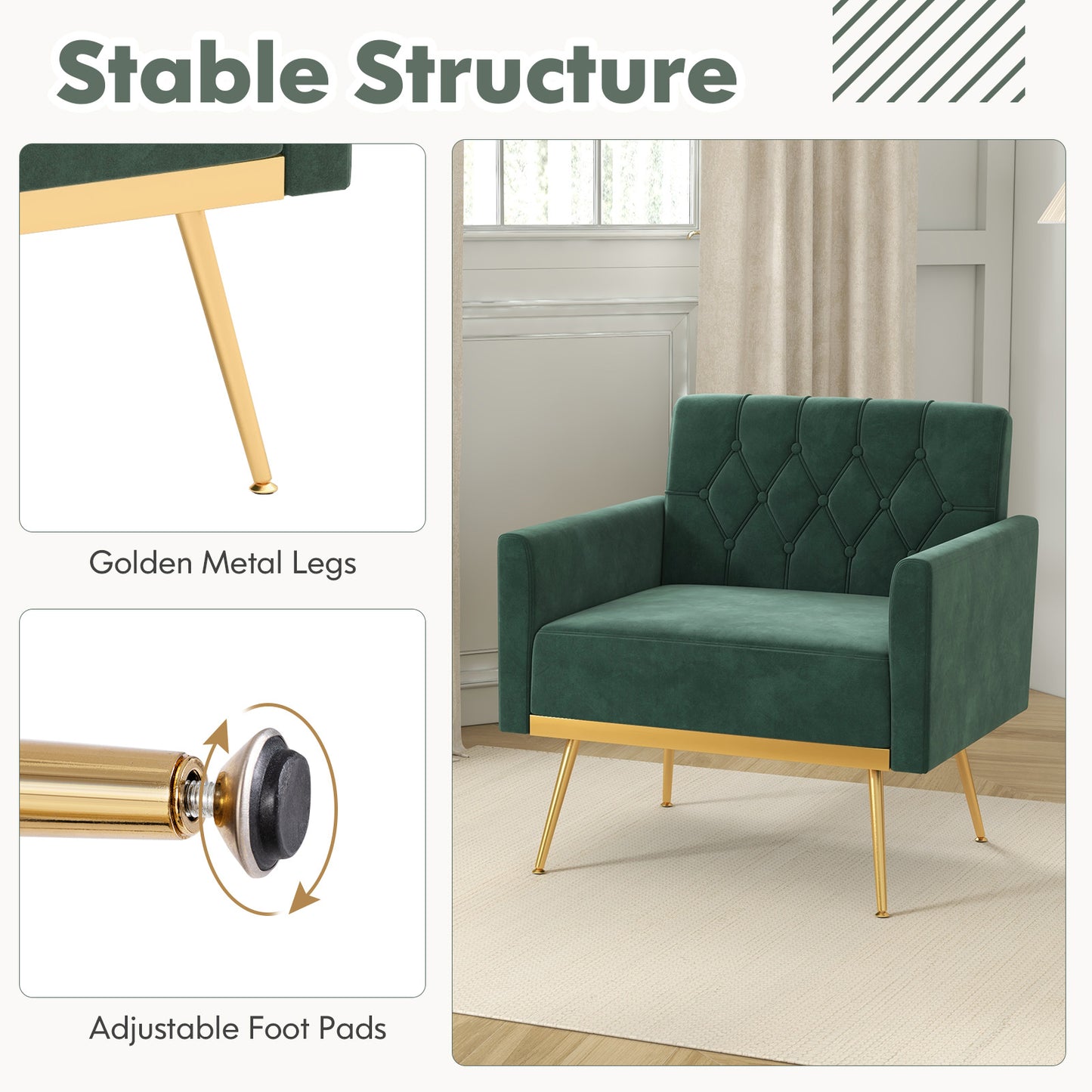Elegant Velvet Accent Chair with Tufted Back and Gold Metal Legs, Dark Green