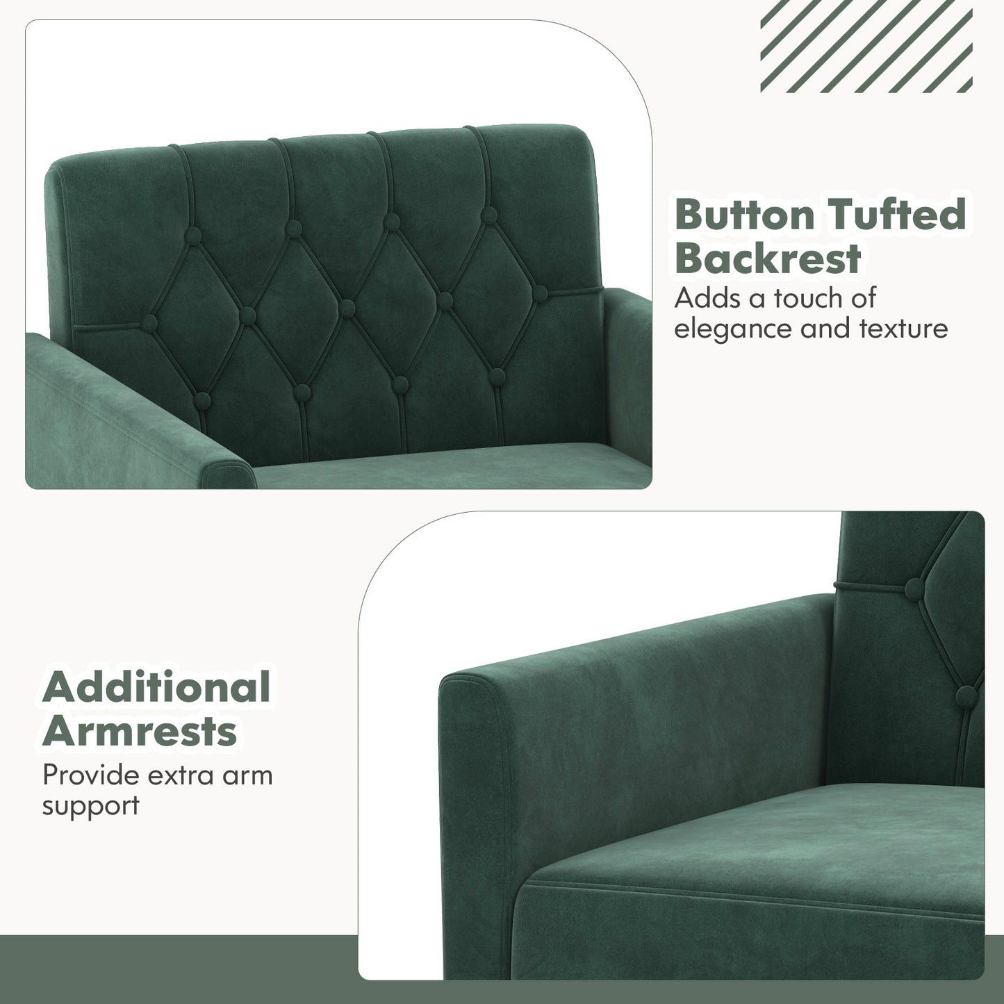 Elegant Velvet Accent Chair with Tufted Back and Gold Metal Legs, Dark Green