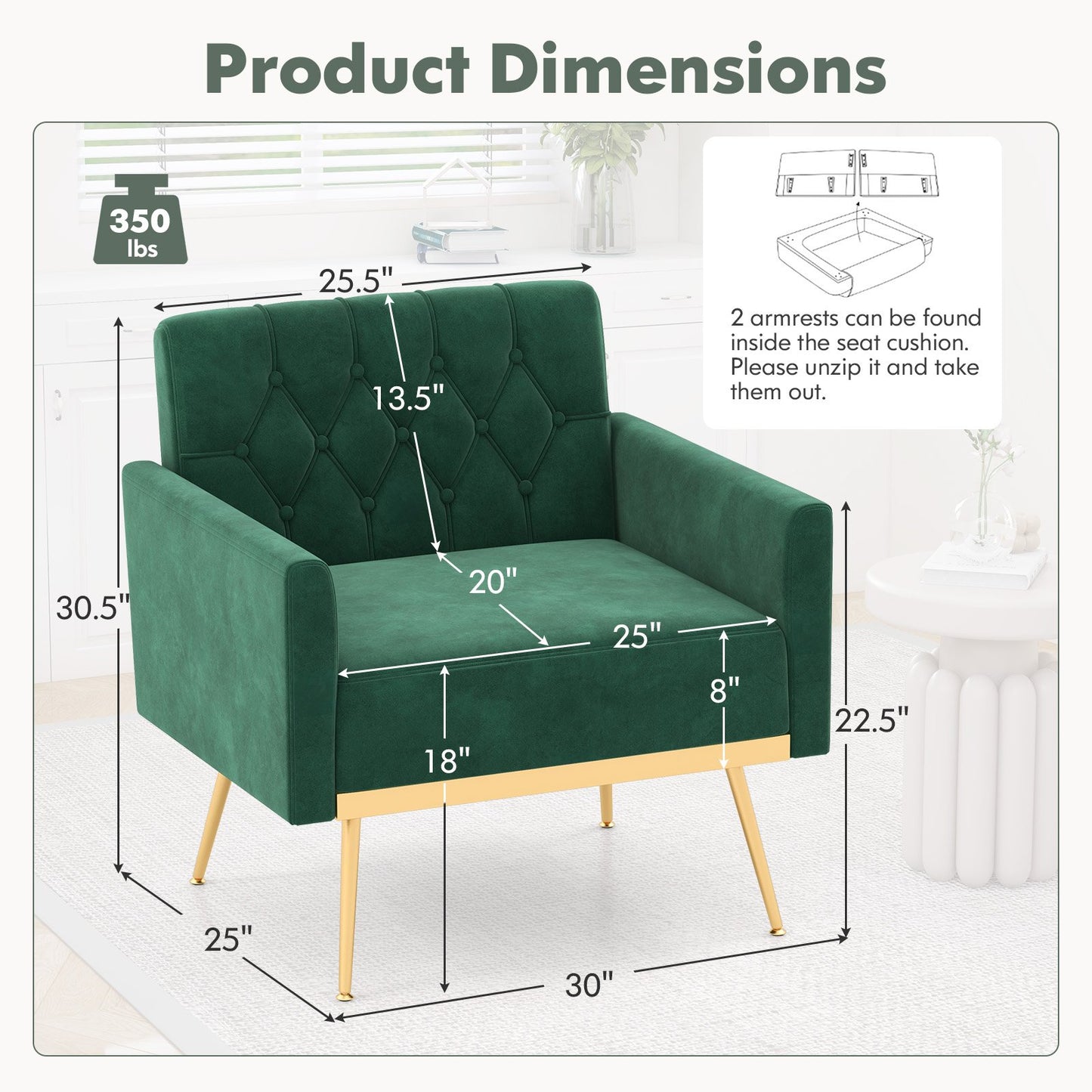Elegant Velvet Accent Chair with Tufted Back and Gold Metal Legs, Green
