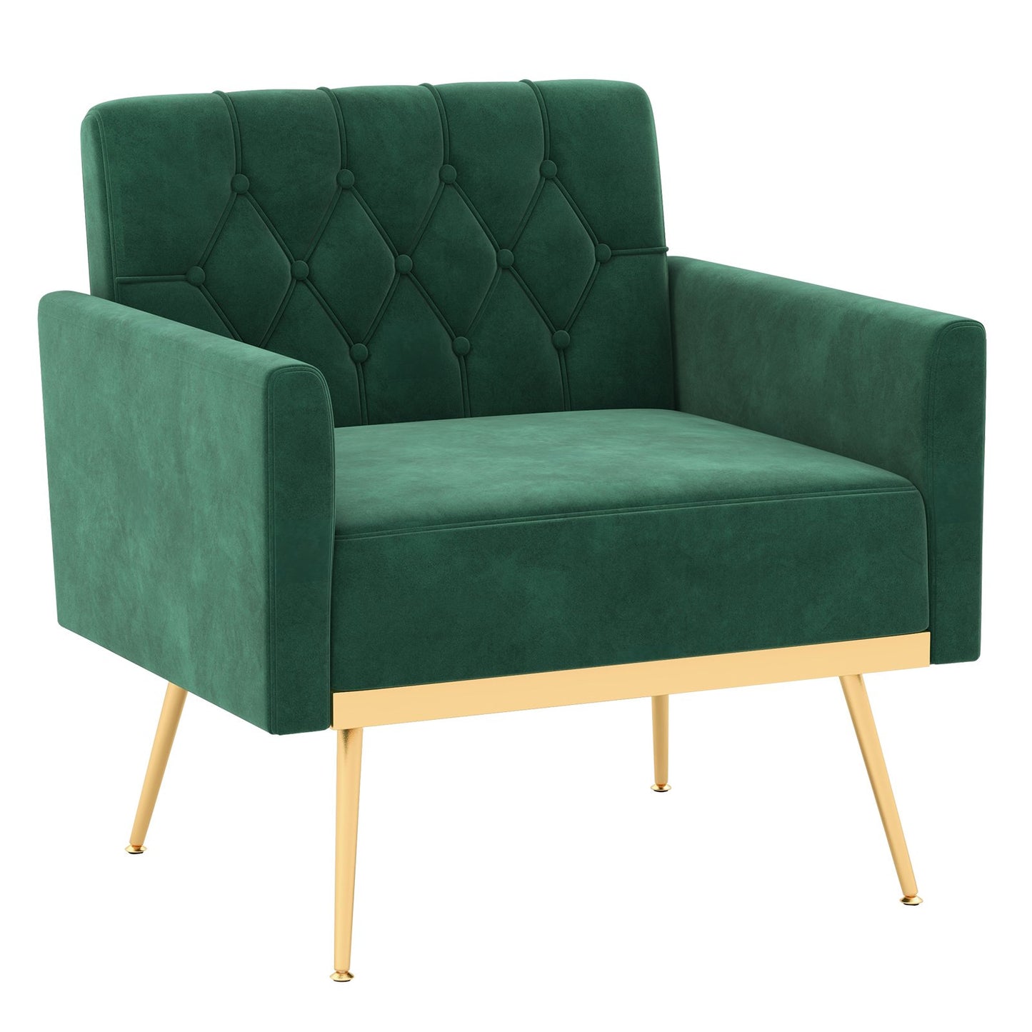Elegant Velvet Accent Chair with Tufted Back and Gold Metal Legs, Green