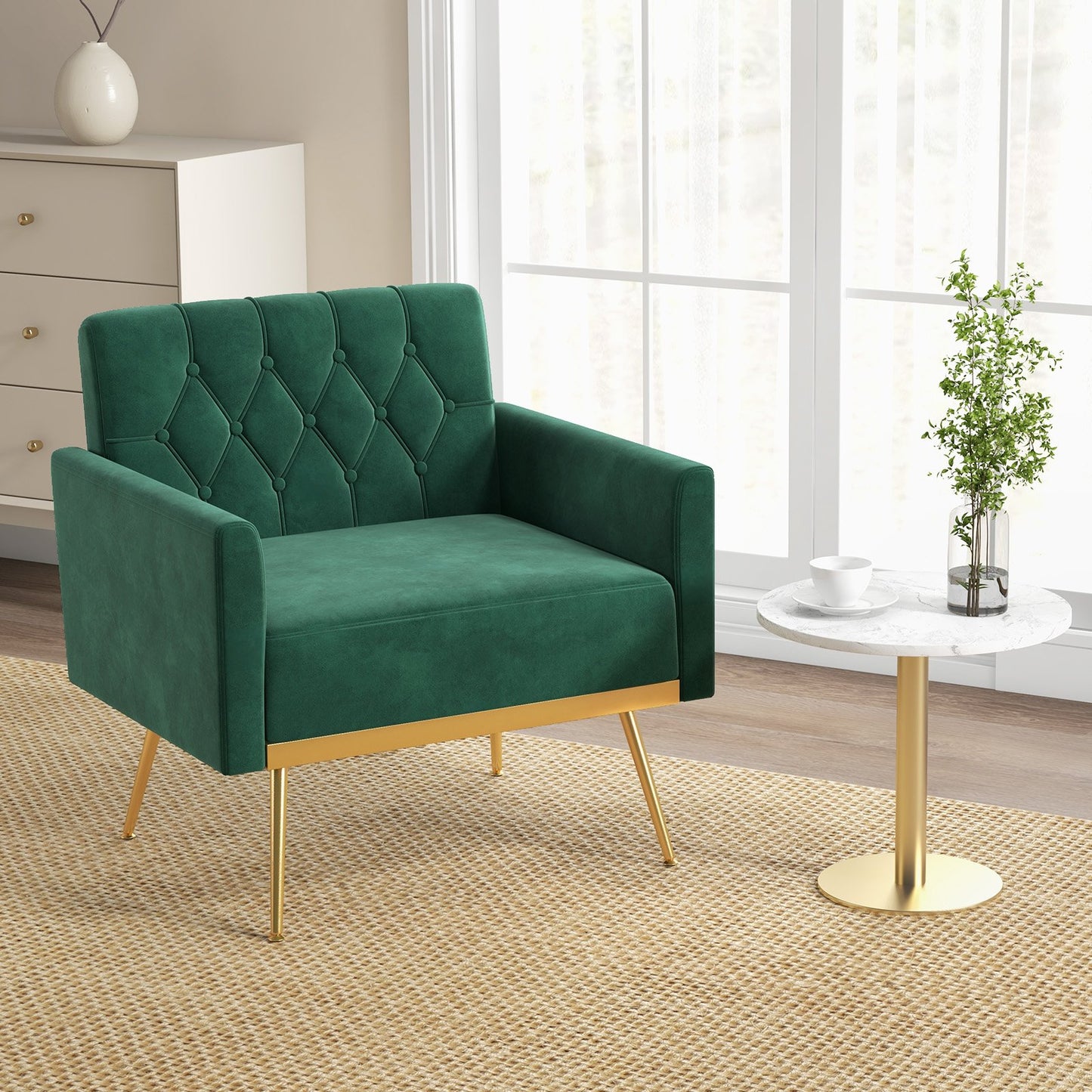 Elegant Velvet Accent Chair with Tufted Back and Gold Metal Legs, Green