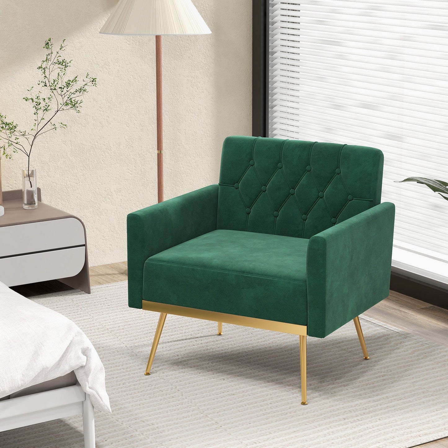 Elegant Velvet Accent Chair with Tufted Back and Gold Metal Legs, Green