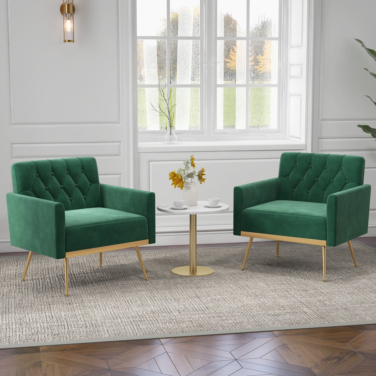 Elegant Velvet Accent Chair with Tufted Back and Gold Metal Legs, Green