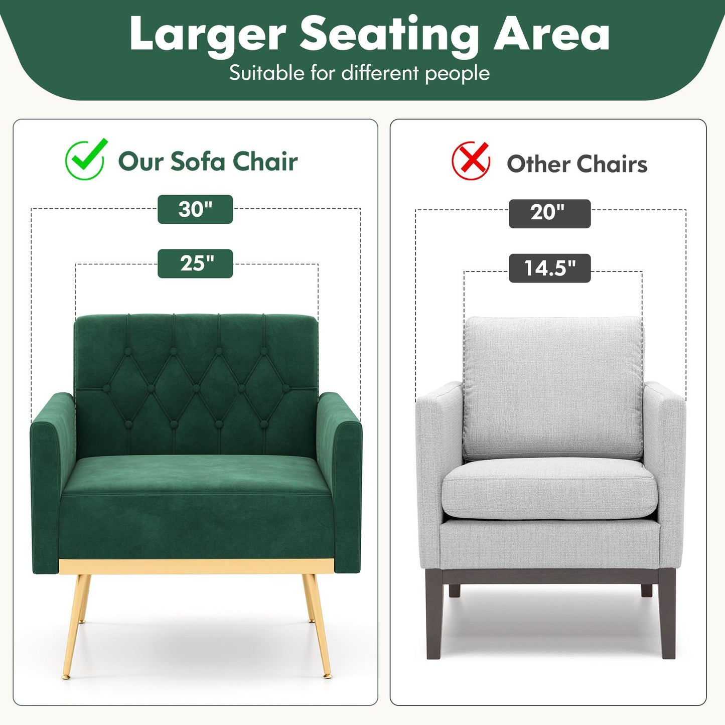 Elegant Velvet Accent Chair with Tufted Back and Gold Metal Legs, Green