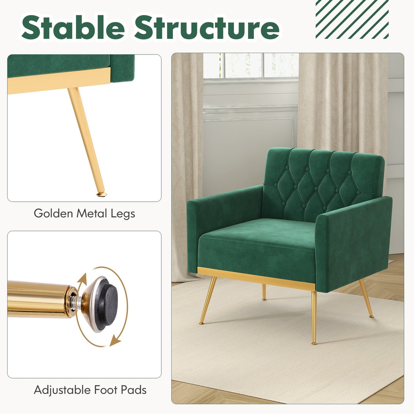 Elegant Velvet Accent Chair with Tufted Back and Gold Metal Legs, Green