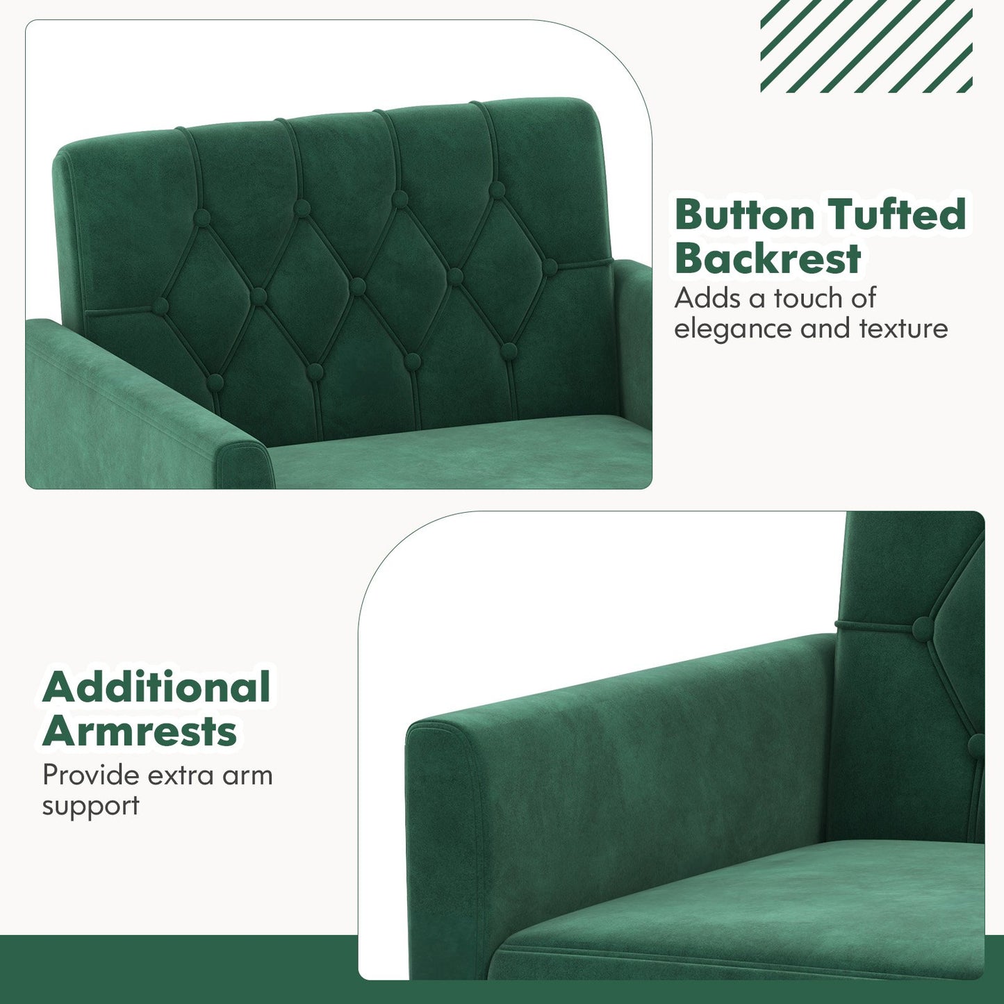 Elegant Velvet Accent Chair with Tufted Back and Gold Metal Legs, Green
