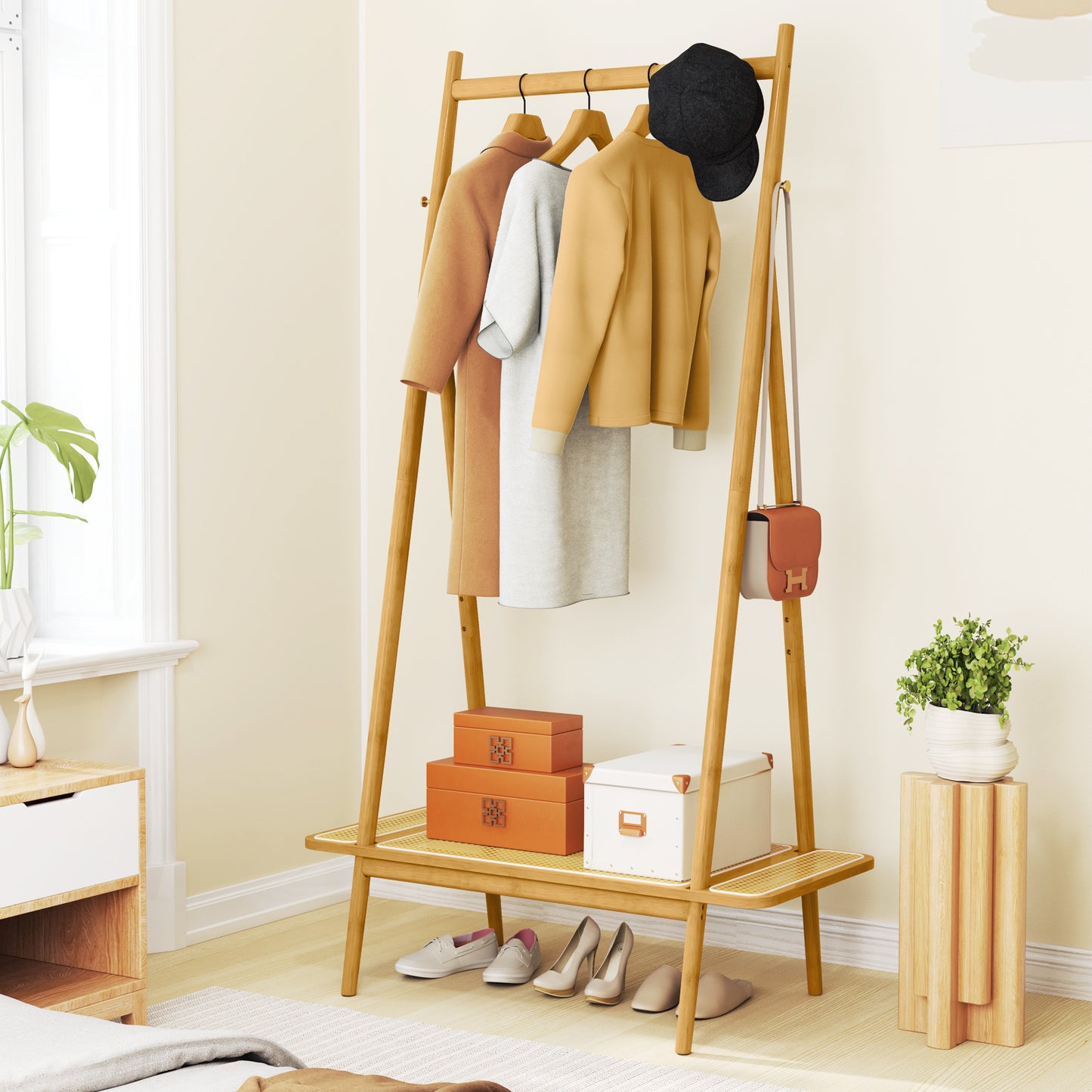 Bamboo Garment Rack with Hanging Rod, Rattan Shelf, and Copper Hooks – Natural