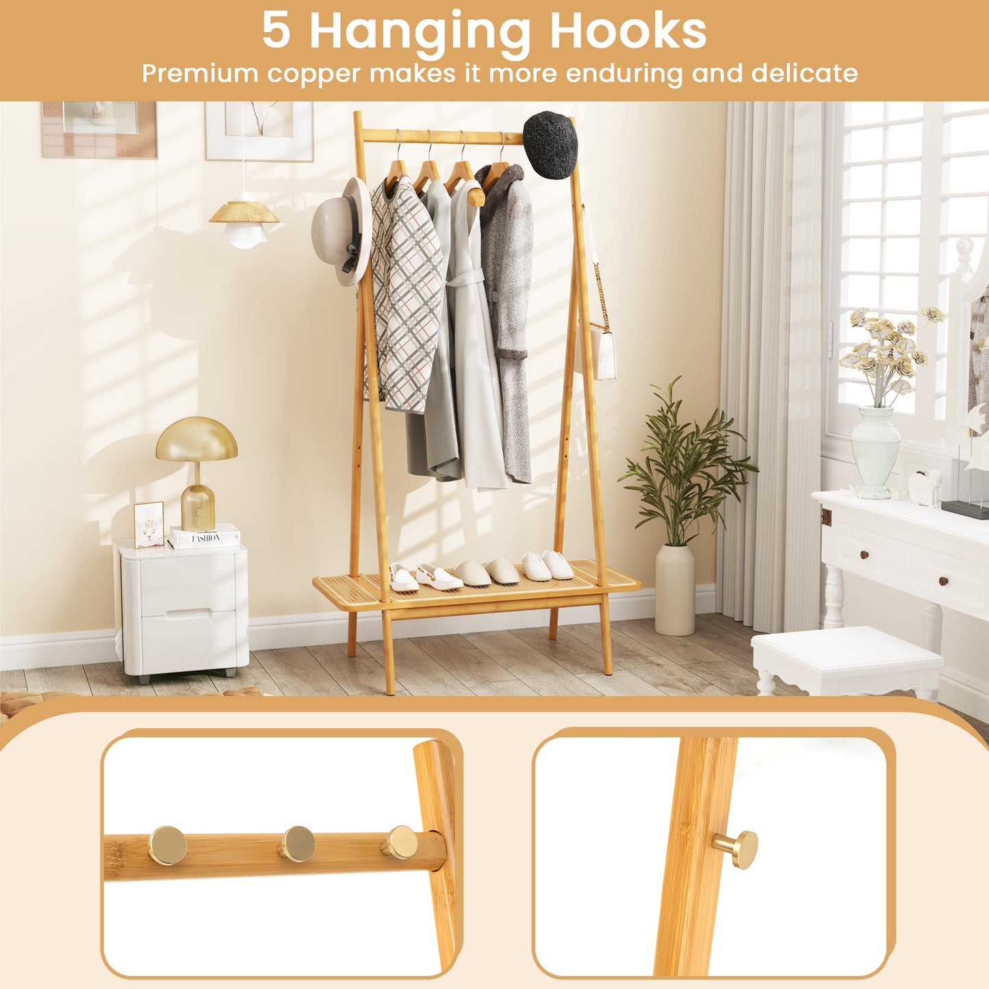 Bamboo Garment Rack with Hanging Rod, Rattan Shelf, and Copper Hooks – Natural