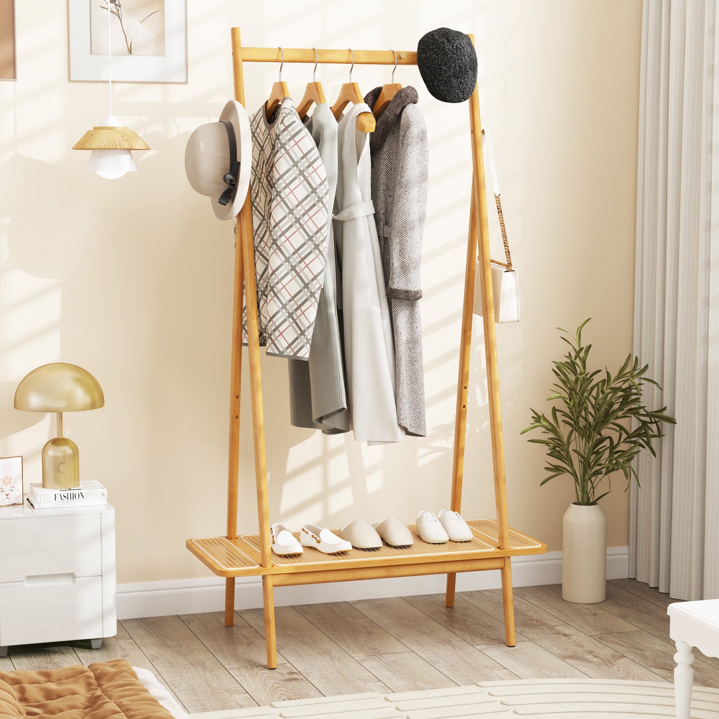 Bamboo Garment Rack with Hanging Rod, Rattan Shelf, and Copper Hooks – Natural