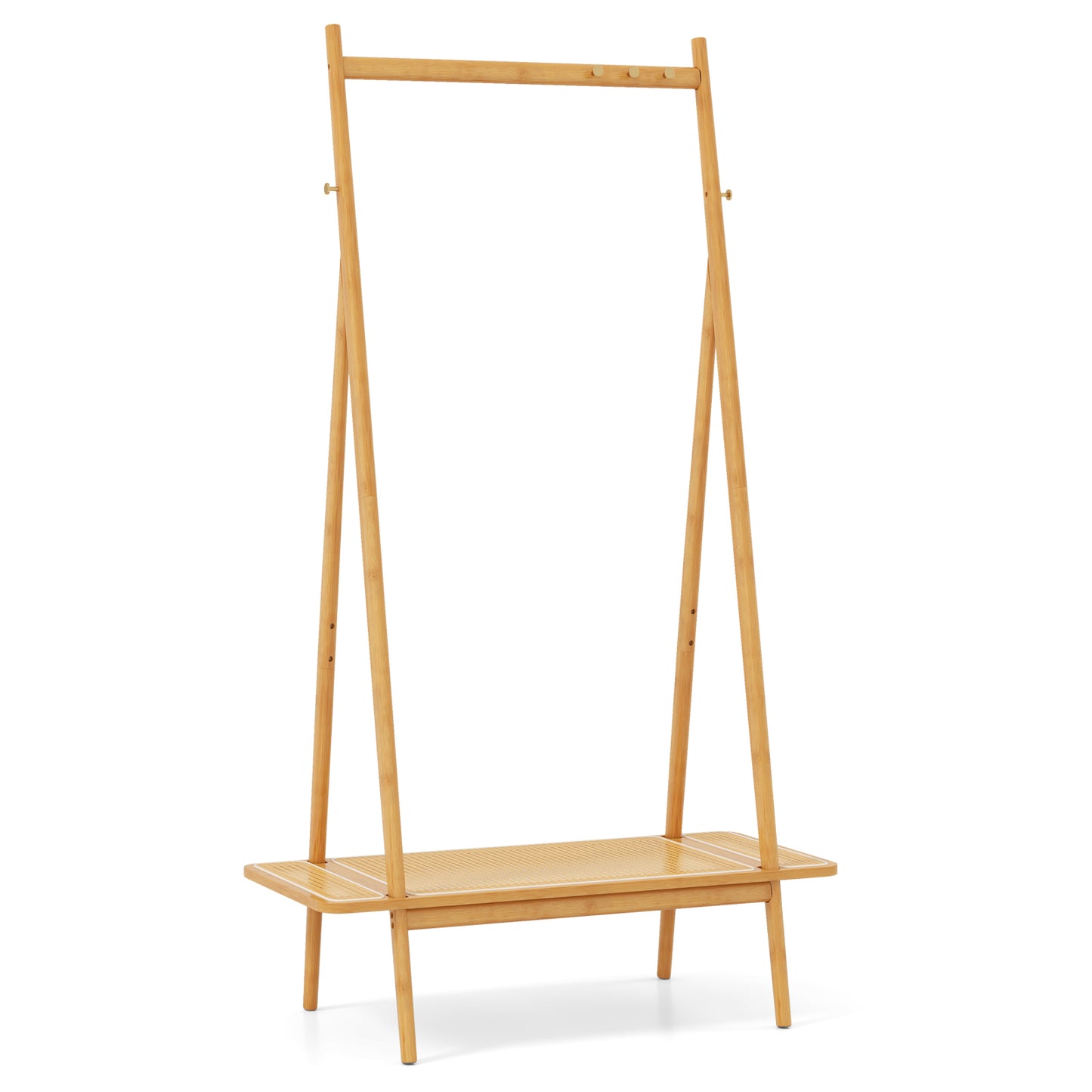 Bamboo Garment Rack with Hanging Rod, Rattan Shelf, and Copper Hooks – Natural