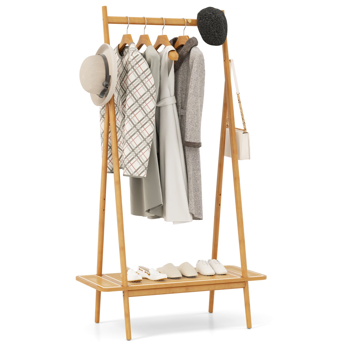 Bamboo Garment Rack with Hanging Rod, Rattan Shelf, and Copper Hooks – Natural