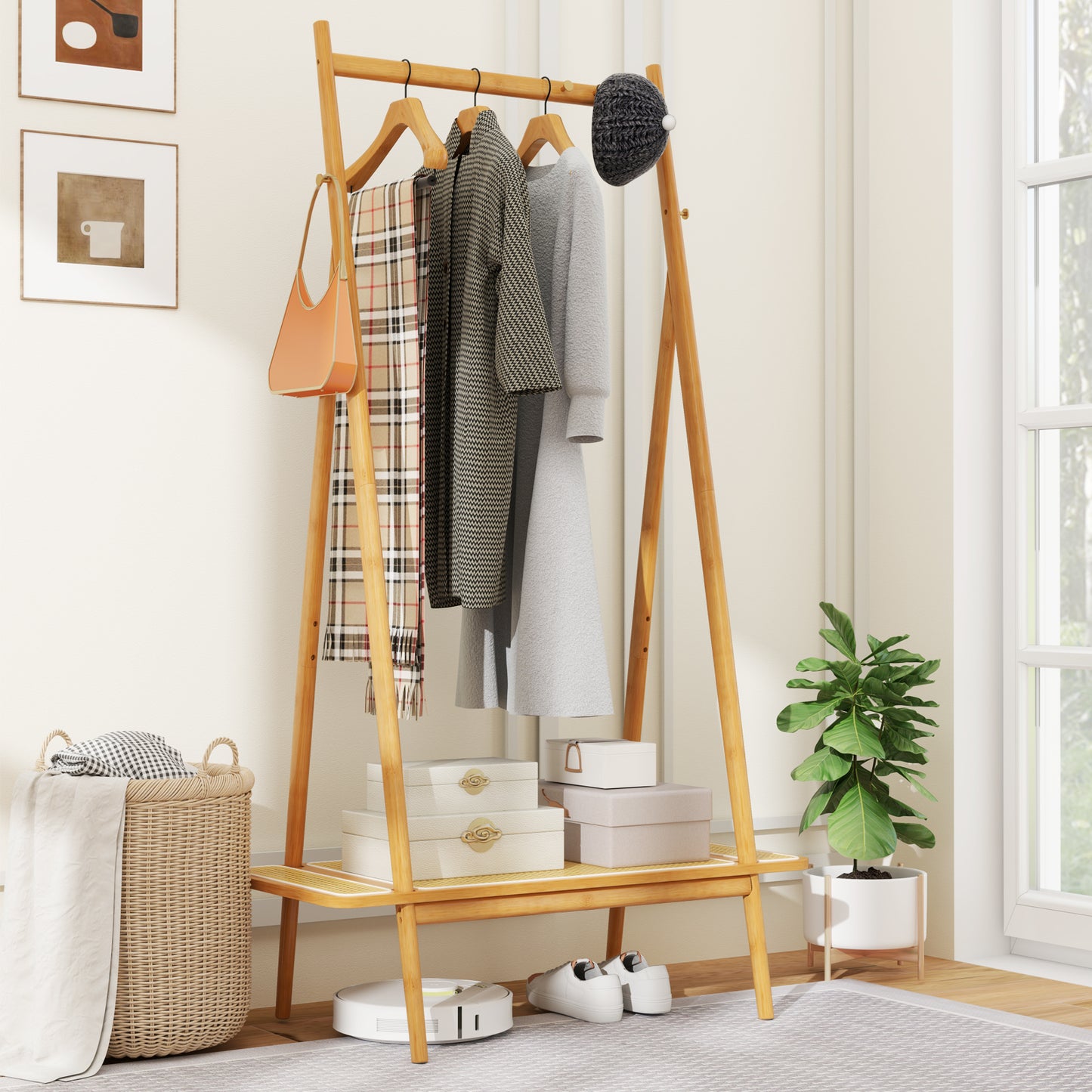 Bamboo Garment Rack with Hanging Rod, Rattan Shelf, and Copper Hooks – Natural