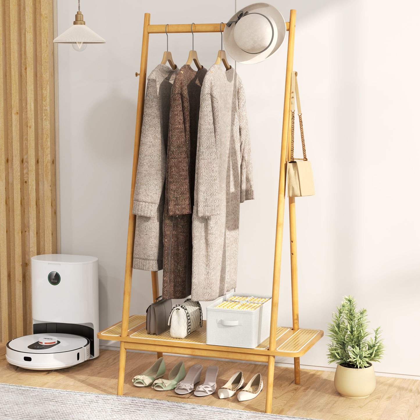 Bamboo Garment Rack with Hanging Rod, Rattan Shelf, and Copper Hooks – Natural