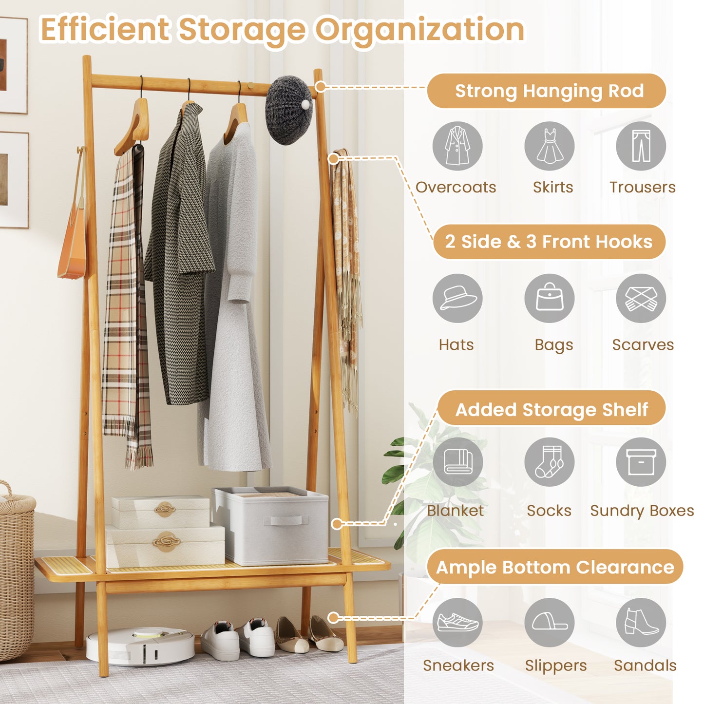 Bamboo Garment Rack with Hanging Rod, Rattan Shelf, and Copper Hooks – Natural