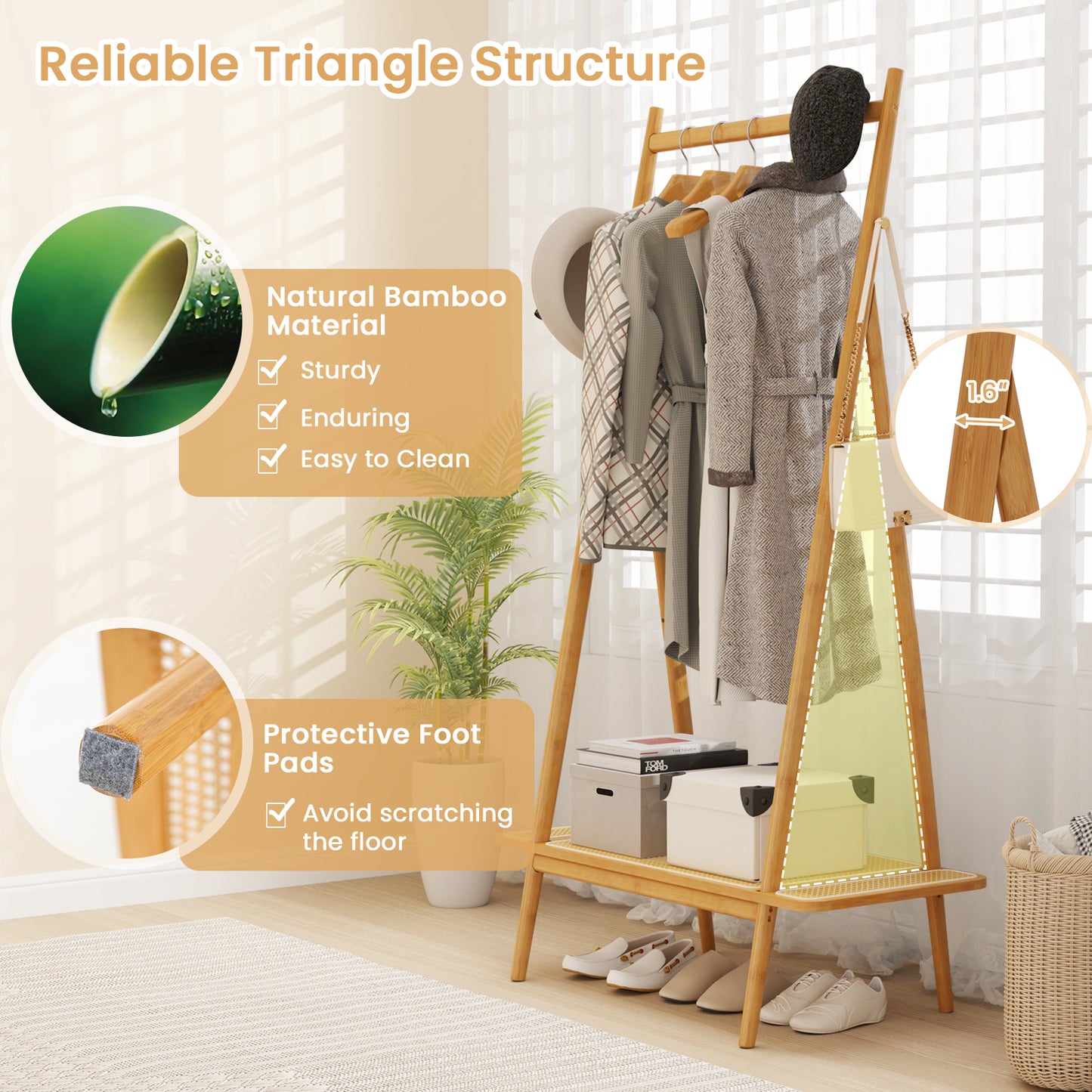 Bamboo Garment Rack with Hanging Rod, Rattan Shelf, and Copper Hooks – Natural