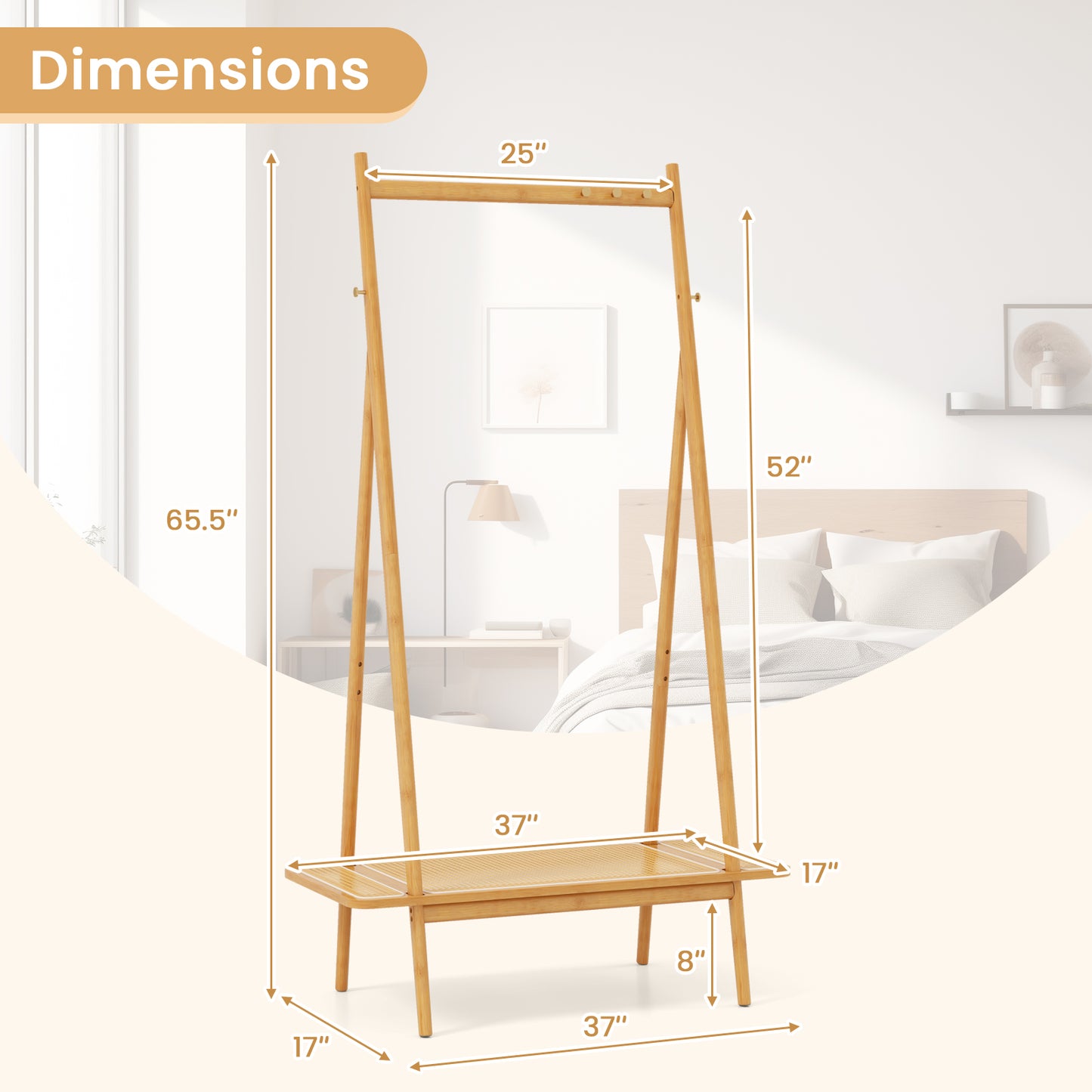 Bamboo Garment Rack with Hanging Rod, Rattan Shelf, and Copper Hooks – Natural