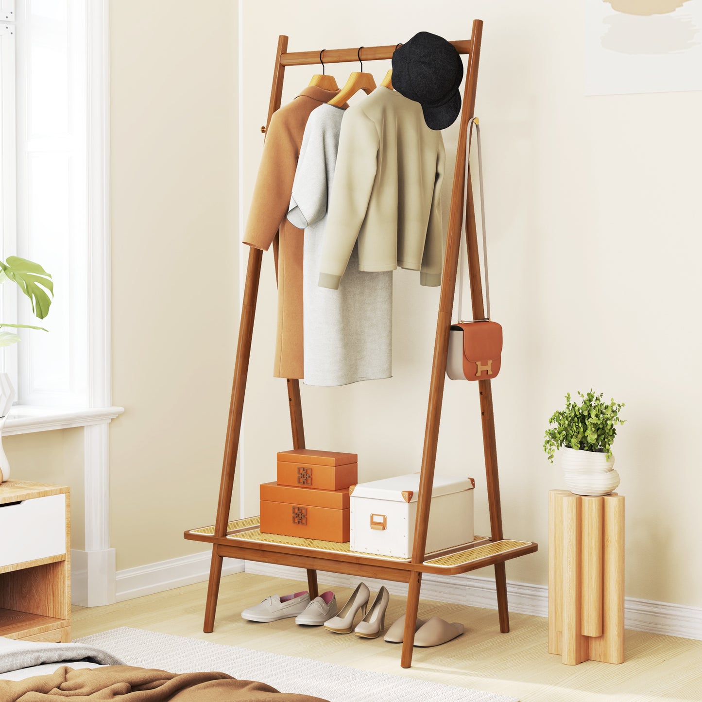 Bamboo Garment Rack with Hanging Rod, Rattan Shelf, and Copper Hooks – Brown
