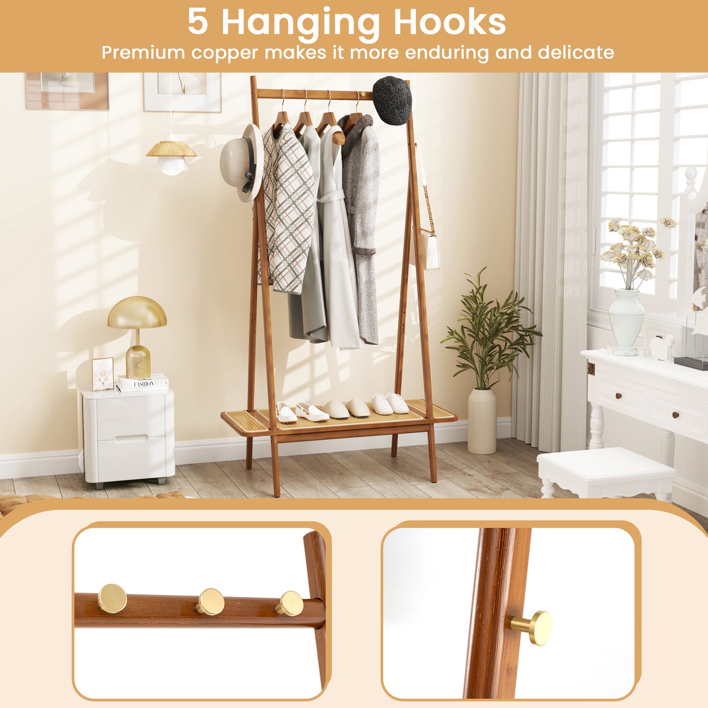 Bamboo Garment Rack with Hanging Rod, Rattan Shelf, and Copper Hooks – Brown