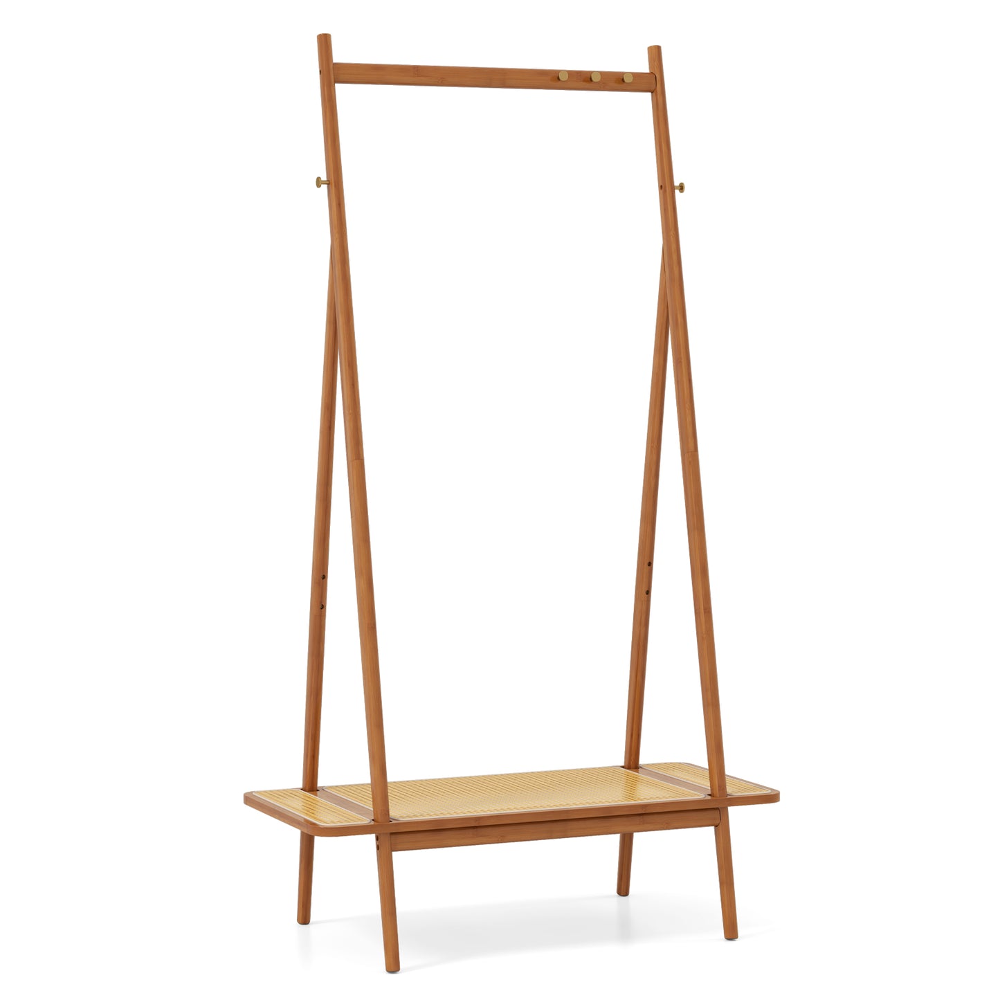 Bamboo Garment Rack with Hanging Rod, Rattan Shelf, and Copper Hooks – Brown