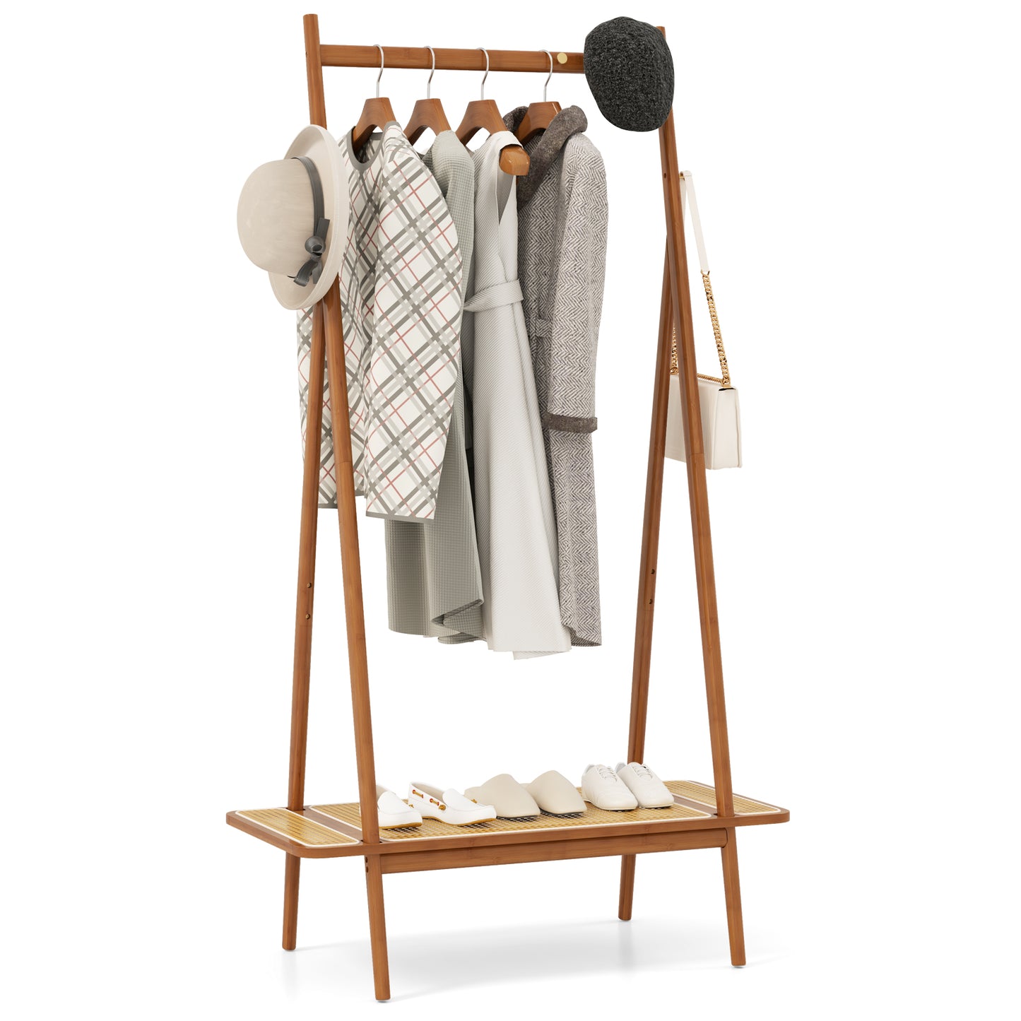 Bamboo Garment Rack with Hanging Rod, Rattan Shelf, and Copper Hooks – Brown